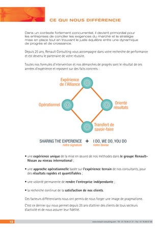12 www.renault-consulting.com - Tél : 01 76 84 31 31 - Fax : 01 76 89 07 88
CE QUI NOUS DIFFÉRENCIE
Dans un contexte fortement concurrentiel, il devient primordial pour
les entreprises de concilier les exigences du marché et la stratégie
mise en place tout en trouvant le juste équilibre entre une dynamique
de progrès et de croissance.
• une expérience unique de la mise en œuvre de nos méthodes dans le groupe Renault-
Nissan au niveau international ;
• une approche opérationnelle basée sur l’expérience terrain de nos consultants, pour
des résultats rapides et quantifiables ;
• une volonté permanente de rendre l’entreprise indépendante ;
• la recherche continue de la satisfaction de nos clients.
Ces facteurs différenciants nous ont permis de nous forger une image de pragmatisme.
C’est ce dernier qui nous permet depuis 25 ans d’attirer des clients de tous secteurs
d’activité et de nous assurer leur fidélité.
Expérience
de l’Alliance
Transfert de
savoir-faire
Orienté
résultats
Opérationnel
SHARING THE EXPERIENCE I DO, WE DO, YOU DO
notre signature notre devise
Depuis 25 ans, Renault Consulting vous accompagne dans votre recherche de performance
et est devenu le partenaire de votre réussite.
Toutes nos formules d’intervention et nos démarches de progrès sont le résultat de ces
années d’expérience et reposent sur des faits concrets :
 