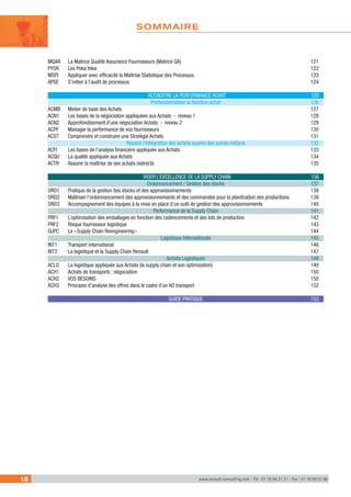 18 www.renault-consulting.com - Tél : 01 76 84 31 31 - Fax : 01 76 89 07 88
MQAR	 La Matrice Qualité Assurance Fournisseurs (Matrice QA)	 121
PYSR	 Les Poka Yoke	 122
MSPI	 Appliquer avec efficacité la Maîtrise Statistique des Processus	 123
APSE	 S’initier à l’audit de processus	 124
	 ACCROITRE LA PERFORMANCE ACHAT	 125
	 Professionnaliser la fonction achat	 126
ACMB	 Metier de base des Achats	 127
ACN1	 Les bases de la négociation appliquées aux Achats - niveau 1	 128
ACN2	 Approfondisement d’une négociation Achats - niveau 2	 129
ACPF	 Manager la performance de vos fournisseurs	 130
ACST	 Comprendre et construire une Stratégie Achats	 131
	 Réussir l’intégration des achats auprès des autres métiers	 132
ACFI	 Les bases de l’analyse financière appliquée aux Achats	 133
ACQU	 La qualité appliquée aux Achats	 134
ACTR	 Assurer la maîtrise de ses achats indirects	 135
	 VISER L’EXCELLENCE DE LA SUPPLY CHAIN	 136
	 Ordonnancement / Gestion des stocks	 137
ORD1	 Pratique de la gestion des stocks et des approvisionnements	 138
ORD2	 Maîtriser l’ordonnancement des approvisionnements et des commandes pour la planifcation des productions	 139
ORD3	 Accompagnement des équipes à la mise en place d’un outil de gestion des approvisionnements	 140
	 Performance de la Supply Chain	 141
PRF1	 L’optimisation des emballages en fonction des cadencements et des lots de production	 142
PRF2	 Risque fournisseur logistique	 143
SUPC	 Le « Supply Chain Reengineering »	 144
	 Logistique Internationale	 145
INT1	 Transport international	 146
INT2	 La logistique et la Supply Chain Renault	 147
	 Achats Logistiques	 148
ACLO	 La logistique appliquée aux Achats (la supply chain et son optimisation)	 149
ACH1	 Achats de transports : négociation	 150
ACH2	 VOS BESOINS	 150
ACH3	 Principes d’analyse des offres dans le cadre d’un AO transport	 152
	 GUIDE PRATIQUE	 153
SOMMAIRE
 