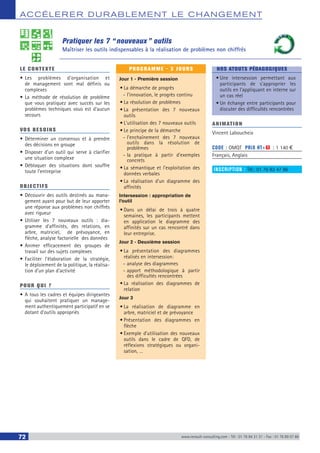 ACCÉLERER DURABLEM ENT LE CHANGEM ENT
72 www.renault-consulting.com - Tél : 01 76 84 31 31 - Fax : 01 76 89 07 88
LE CONTEXTE
•	Les problèmes d’organisation et
de management sont mal définis ou
complexes
•	La méthode de résolution de problème
que vous pratiquez avec succès sur les
problèmes techniques vous est d’aucun
secours
VOS BESOINS
•	Déterminer un consensus et à prendre
des décisions en groupe
•	Disposer d’un outil qui serve à clarifier
une situation complexe
•	Débloquer des situations dont souffre
toute l’entreprise
OBJECTIFS
•	Découvrir des outils destinés au mana-
gement ayant pour but de leur apporter
une réponse aux problèmes non chiffrés
avec rigueur
•	Utiliser les 7 nouveaux outils : dia-
gramme d’affinités, des relations, en
arbre, matriciel, de prévoyance, en
flèche, analyse factorielle des données
•	Animer efficacement des groupes de
travail sur des sujets complexes
•	Faciliter l’élaboration de la stratégie,
le déploiement de la politique, la réalisa-
tion d’un plan d’activité
POUR QUI ?
•	A tous les cadres et équipes dirigeantes
qui souhaitent pratiquer un manage-
ment authentiquement participatif en se
dotant d’outils appropriés
PROGRAMME - 3 JOURS
Jour 1 - Première session
•	La démarche de progrès
-- l’innovation, le progrès continu
•	La résolution de problèmes
•	La présentation des 7 nouveaux
outils
•	L’utilisation des 7 nouveaux outils
•	Le principe de la démarche
-- l’enchaînement des 7 nouveaux
outils dans la résolution de
problèmes
-- la pratique à partir d’exemples
concrets
•	La sémantique et l’exploitation des
données verbales
•	La réalisation d’un diagramme des
affinités
Intersession : appropriation de
l’outil
•	Dans un délai de trois à quatre
semaines, les participants mettent
en application le diagramme des
affinités sur un cas rencontré dans
leur entreprise.
Jour 2 - Deuxième session
•	La présentation des diagrammes
réalisés en intersession:
-- analyse des diagrammes
-- apport méthodologique à partir
des difficultés rencontrées
•	La réalisation des diagrammes de
relation
Jour 3
•	La réalisation de diagramme en
arbre, matriciel et de prévoyance
•	Présentation des diagrammes en
flèche
•	Exemple d’utilisation des nouveaux
outils dans le cadre de QFD, de
réflexions stratégiques ou organi-
sation, …
NOS ATOUTS PÉDAGOGIQUES
•	Une intersession permettant aux
participants de s'approprier les
outils en l'appliquant en interne sur
un cas réel
•	Un échange entre participants pour
discuter des difficultés rencontrées
ANIMATION
Vincent Laboucheix
CODE : OMQT	 PRIX HT+X : 1 140 €
Français, Anglais
INSCRIPTION : Tél.: 01 76 83 47 86
Pratiquer les 7 “ nouveaux ” outils
Maîtriser les outils indispensables à la réalisation de problèmes non chiffrés
 