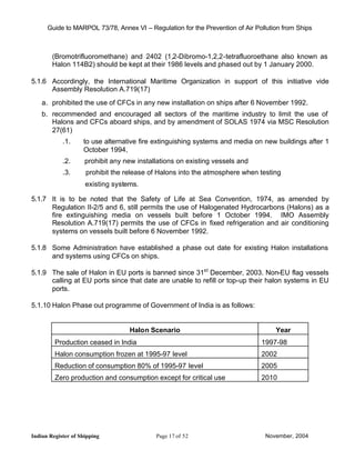 Guide to MARPOL 73/78, Annex VI – Regulation for the Prevention of Air Pollution from Ships



        (Bromotrifluoromethane) and 2402 (1,2-Dibromo-1,2,2-tetrafluoroethane also known as
        Halon 114B2) should be kept at their 1986 levels and phased out by 1 January 2000.

5.1.6 Accordingly, the International Maritime Organization in support of this initiative vide
      Assembly Resolution A.719(17)
    a. prohibited the use of CFCs in any new installation on ships after 6 November 1992.
    b. recommended and encouraged all sectors of the maritime industry to limit the use of
       Halons and CFCs aboard ships, and by amendment of SOLAS 1974 via MSC Resolution
       27(61)
            .1.     to use alternative fire extinguishing systems and media on new buildings after 1
                    October 1994,
            .2.      prohibit any new installations on existing vessels and
            .3.      prohibit the release of Halons into the atmosphere when testing
                     existing systems.

5.1.7 It is to be noted that the Safety of Life at Sea Convention, 1974, as amended by
      Regulation II-2/5 and 6, still permits the use of Halogenated Hydrocarbons (Halons) as a
      fire extinguishing media on vessels built before 1 October 1994. IMO Assembly
      Resolution A.719(17) permits the use of CFCs in fixed refrigeration and air conditioning
      systems on vessels built before 6 November 1992.

5.1.8 Some Administration have established a phase out date for existing Halon installations
      and systems using CFCs on ships.

5.1.9 The sale of Halon in EU ports is banned since 31st December, 2003. Non-EU flag vessels
      calling at EU ports since that date are unable to refill or top-up their halon systems in EU
      ports.

5.1.10 Halon Phase out programme of Government of India is as follows:


                                   Halon Scenario                                   Year
         Production ceased in India                                            1997-98
         Halon consumption frozen at 1995-97 level                             2002
         Reduction of consumption 80% of 1995-97 level                         2005
         Zero production and consumption except for critical use               2010




Indian Register of Shipping                 Page 17 of 52                       November, 2004
 