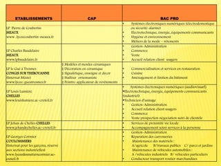 ETABLISSEMENTS CAP BAC PRO
LP Pierre de Coubertin
MEAUX
www .lyceecoubertin-meaux.fr
• Systèmes électroniques numériques (électrodomestique
ou sécurité-alarme)
• Electrotechnique, énergie, équipements communicants
• Hygiène et environnement
• Métiers de la mode – vêtements
LP Charles Baudelaire
MEAUX
www.lpbaudelaire.fr
• Gestion-Administration
• Commerce
• Vente
• Accueil relation client usagers
LP le Gué à Tresmes
CONGIS SUR THEROUANNE
(Internat Mixte)
www.lycee-gueatresmes.fr
§ Modèles et moules céramiques
§ Décoration en céramique
§ Signalétique, enseigne et décor
§ Staffeur ornemaniste
§ Peintre-applicateur de revêtements
▪ Commercialisation et services en restauration
▪ Cuisine
▪ Aménagement et finition du bâtiment
LP Louis Lumière
CHELLES
www.louislumiere.ac-creteil.fr
▪ Systèmes électroniques numériques (audiovisuel)
Electrotechnique, énergie, équipements communicants
(industriel)
Technicien d’usinage
▪ Gestion-Administration
▪ Accueil relation client usagers
▪ Commerce
• Vente prospection négociation suivi de clientèle
LP Jehan de Chelles CHELLES
www.jehandechelles.ac-creteil.fr
▪ Services de proximité vie locale
▪ Accompagnement soins services à la personne
LP Georges Cormier
COULOMMIERS
(Internat pour les garçons, réservé
aux sections industrielles)
www.lyceedesmetierscormier.ac-
creteil.fr
▪ Gestion-Administration
• Réparation des carrosseries
• Maintenance des matériels :
A/agricole B/travaux publics C/ parcs et jardins
• Maintenance de véhicules automobiles :
A /véhicules industriels B/ véhicules particuliers
▪ Conducteur transport routier marchandises
 