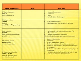 ETABLISSEMENTS CAP BAC PRO
LP Charles Baudelaire
MEAUX
www.lpbaudelaire.fr
• Gestion-Administration
• Commerce
• Vente
• Accueil relation client usagers
LP L’Arche Guédon
TORCY
www.ac-
creteil.fr/lycees/77/aguedontorcy
 Gestion-Administration
 Accompagnement soins services à la personne
Lycée R. Cassin
NOISIEL
www.lyceerenecassinnoisiel.ac-
creteil.fr
• Technicien du froid et du conditionnement d’air
• Microtechniques
▪ Systèmes électroniques numériques
•Electrotechnique, énergie, équipements communicants
LP le Champ de Claye
CLAYE-SOUILLY
www.lechampdeclaye.fr
▪ Gestion-Administration
▪ Commerce
▪ Accueil relation client usagers
• Technicien du froid et du conditionnement d’air
• Technicien en maintenance des systèmes énergétiques
et climatiques
• Technicien en installation des systèmes énergétiques et
climatiques
LP Agricole La Bretonnière
CHAILLY EN BRIE
(internat garçons et filles)
www.labretonniere.fr
• Conduite et gestion de l’exploitation agricole (élevage)
• Services aux personnes et aux territoires
 