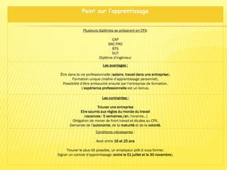 Point sur l’apprentissage
Plusieurs diplômes se préparent en CFA:
CAP
BAC PRO
BTS
DUT
Diplôme d’ingénieur
Les avantages :
Être dans la vie professionnelle (salaire, travail dans une entreprise).
Formation unique (maître d’apprentissage personnel).
Possibilité d’être embauché ensuite par l’entreprise de formation.
L’expérience professionnelle est un bonus.
Les contraintes :
Trouver une entreprise
Etre soumis aux règles du monde du travail
(vacances : 5 semaines /an, horaires…)
Obligation de mener de front travail et études au CFA.
Demande de l’autonomie, de la maturité et de la volonté.
Conditions nécessaires :
Avoir entre 16 et 25 ans
Trouver le plus tôt possible, un employeur prêt à vous former.
Signer un contrat d’apprentissage (entre le 01 juillet et le 30 novembre).
 