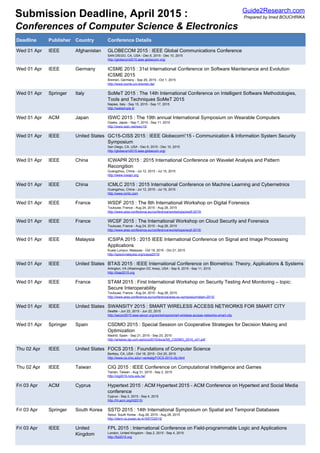 Submission Deadline, April 2015 :
Conferences of Computer Science & Electronics
Guide2Research.com
Prepared by Imed BOUCHRIKA
Deadline Publisher Country Conference Details
Wed 01 Apr IEEE Afghanistan GLOBECOM 2015 : IEEE Global Communications Conference
SAN DIEGO, CA, USA - Dec 6, 2015 - Dec 10, 2015
http://globecom2015.ieee-globecom.org/
Wed 01 Apr IEEE Germany ICSME 2015 : 31st International Conference on Software Maintenance and Evolution
ICSME 2015
Bremen, Germany - Sep 29, 2015 - Oct 1, 2015
http://www.icsme.uni-bremen.de/
Wed 01 Apr Springer Italy SoMeT 2015 : The 14th International Conference on Intelligent Software Methodologies,
Tools and Techniques SoMeT 2015
Naples, Italy - Sep 15, 2015 - Sep 17, 2015
http://websimple.it/
Wed 01 Apr ACM Japan ISWC 2015 : The 19th annual International Symposium on Wearable Computers
Osaka, Japan - Sep 7, 2015 - Sep 11, 2015
http://www.iswc.net/iswc15/
Wed 01 Apr IEEE United States GC15-CISS 2015 : IEEE Globecom'15 - Communication & Information System Security
Symposium
San Diego, CA, USA - Dec 6, 2015 - Dec 10, 2015
http://globecom2015.ieee-globecom.org/
Wed 01 Apr IEEE China ICWAPR 2015 : 2015 International Conference on Wavelet Analysis and Pattern
Recongition
Guangzhou, China - Jul 12, 2015 - Jul 15, 2015
http://www.icwapr.org
Wed 01 Apr IEEE China ICMLC 2015 : 2015 International Conference on Machine Learning and Cybernetnics
Guangzhou, China - Jul 12, 2015 - Jul 15, 2015
http://www.icmlc.com
Wed 01 Apr IEEE France WSDF 2015 : The 8th International Workshop on Digital Forensics
Toulouse, France - Aug 24, 2015 - Aug 28, 2015
http://www.ares-conference.eu/conference/workshops/wsdf-2015/
Wed 01 Apr IEEE France WCSF 2015 : The International Workshop on Cloud Security and Forensics
Toulouse, France - Aug 24, 2015 - Aug 28, 2015
http://www.ares-conference.eu/conference/workshops/wcsf-2015/
Wed 01 Apr IEEE Malaysia ICSIPA 2015 : 2015 IEEE International Conference on Signal and Image Processing
Applications
Kuala Lumpur, Malaysia - Oct 19, 2015 - Oct 21, 2015
http://spsocmalaysia.org/icsipa2015/
Wed 01 Apr IEEE United States BTAS 2015 : IEEE International Conference on Biometrics: Theory, Applications & Systems
Arlington, VA (Washington DC Area), USA - Sep 8, 2015 - Sep 11, 2015
http://btas2015.org
Wed 01 Apr IEEE France STAM 2015 : First International Workshop on Security Testing And Monitoring – topic:
Secure Interoperability
Toulouse, France - Aug 24, 2015 - Aug 28, 2015
http://www.ares-conference.eu/conference/ares-eu-symposium/stam-2015/
Wed 01 Apr IEEE United States SWANSITY 2015 : SMART WIRELESS ACCESS NETWORKS FOR SMART CITY
Seattle - Jun 22, 2015 - Jun 22, 2015
http://secon2015.ieee-secon.org/workshops/smart-wireless-access-networks-smart-city
Wed 01 Apr Springer Spain CSDMO 2015 : Special Session on Cooperative Strategies for Decision Making and
Optimization
Madrid, Spain - Sep 21, 2015 - Sep 23, 2015
http://antares.sip.ucm.es/iccci2015/docs/SS_CSDMO_2015_v01.pdf
Thu 02 Apr IEEE United States FOCS 2015 : Foundations of Computer Science
Berkley, CA, USA - Oct 18, 2015 - Oct 20, 2015
http://www.cs.cmu.edu/~venkatg/FOCS-2015-cfp.html
Thu 02 Apr IEEE Taiwan CIG 2015 : IEEE Conference on Computational Intelligence and Games
Tainan, Taiwan - Aug 31, 2015 - Sep 2, 2015
http://cig2015.nctu.edu.tw/
Fri 03 Apr ACM Cyprus Hypertext 2015 : ACM Hypertext 2015 - ACM Conference on Hypertext and Social Media
conference
Cyprus - Sep 2, 2015 - Sep 4, 2015
http://ht.acm.org/ht2015/
Fri 03 Apr Springer South Korea SSTD 2015 : 14th International Symposium on Spatial and Temporal Databases
Seoul, South Korea - Aug 26, 2015 - Aug 28, 2015
http://stem.cs.pusan.ac.kr/SSTD2015/
Fri 03 Apr IEEE United
Kingdom
FPL 2015 : International Conference on Field-programmable Logic and Applications
London, United Kingdom - Sep 2, 2015 - Sep 4, 2015
http://fpl2015.org
 