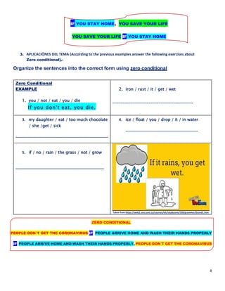 4
IF YOU STAY HOME, YOU SAVE YOUR LIFE
YOU SAVE YOUR LIFE IF YOU STAY HOME
3. APLICACIÓNES DEL TEMA (According to the previous examples answer the following exercises about
Zero conditional).-
Organize the sentences into the correct form using zero conditional
Zero Conditional
EXAMPLE
1. you / not / eat / you / die
If you don't eat, you die.
2. iron / rust / it / get / wet
________________________________________
3. my daughter / eat / too much chocolate
/ she /get / sick
______________________________________________
4. ice / float / you / drop / it / in water
____________________________________
5. if / no / rain / the grass / not / grow
____________________________________________
Taken from https://web2.uvcs.uvic.ca/courses/elc/studyzone/330/grammar/0cond1.htm
ZERO CONDITIONAL
PEOPLE DON´T GET THE CORONAVIRUS IF PEOPLE ARRIVE HOME AND WASH THEIR HANDS PROPERLY
IF PEOPLE ARRIVE HOME AND WASH THEIR HANDS PROPERLY, PEOPLE DON´T GET THE CORONAVIRUS
 