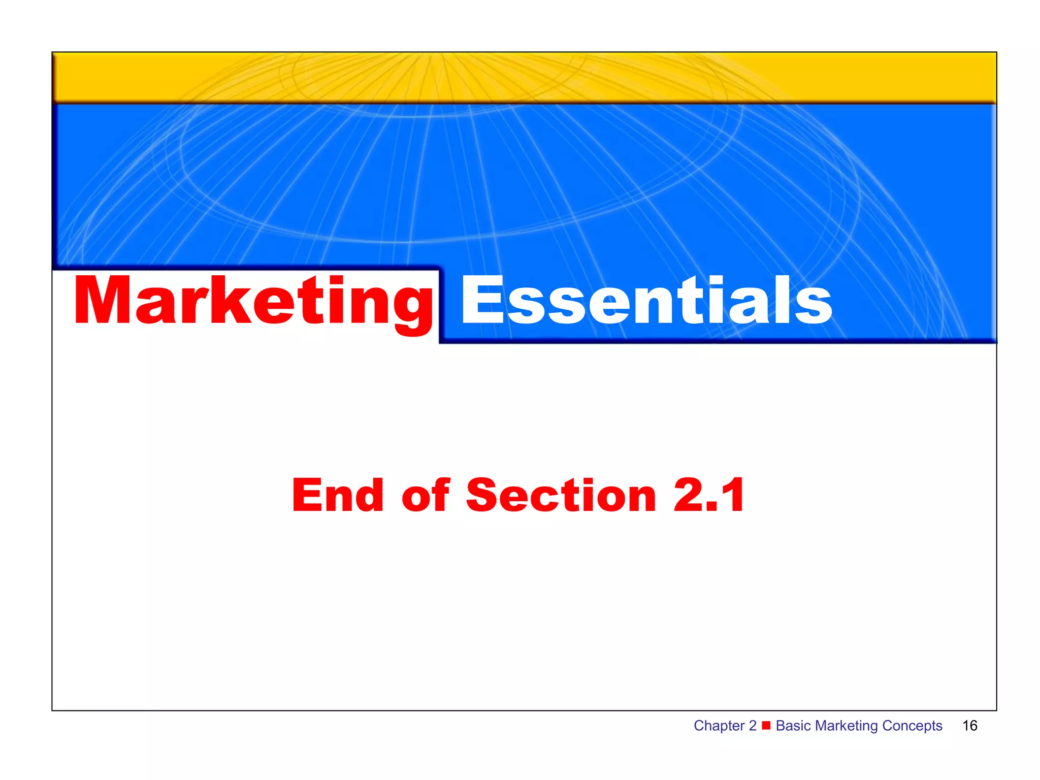Marketing Essentials

     End of Section 2.1



                    Chapter 2  Basic Marketing Concepts   16
 