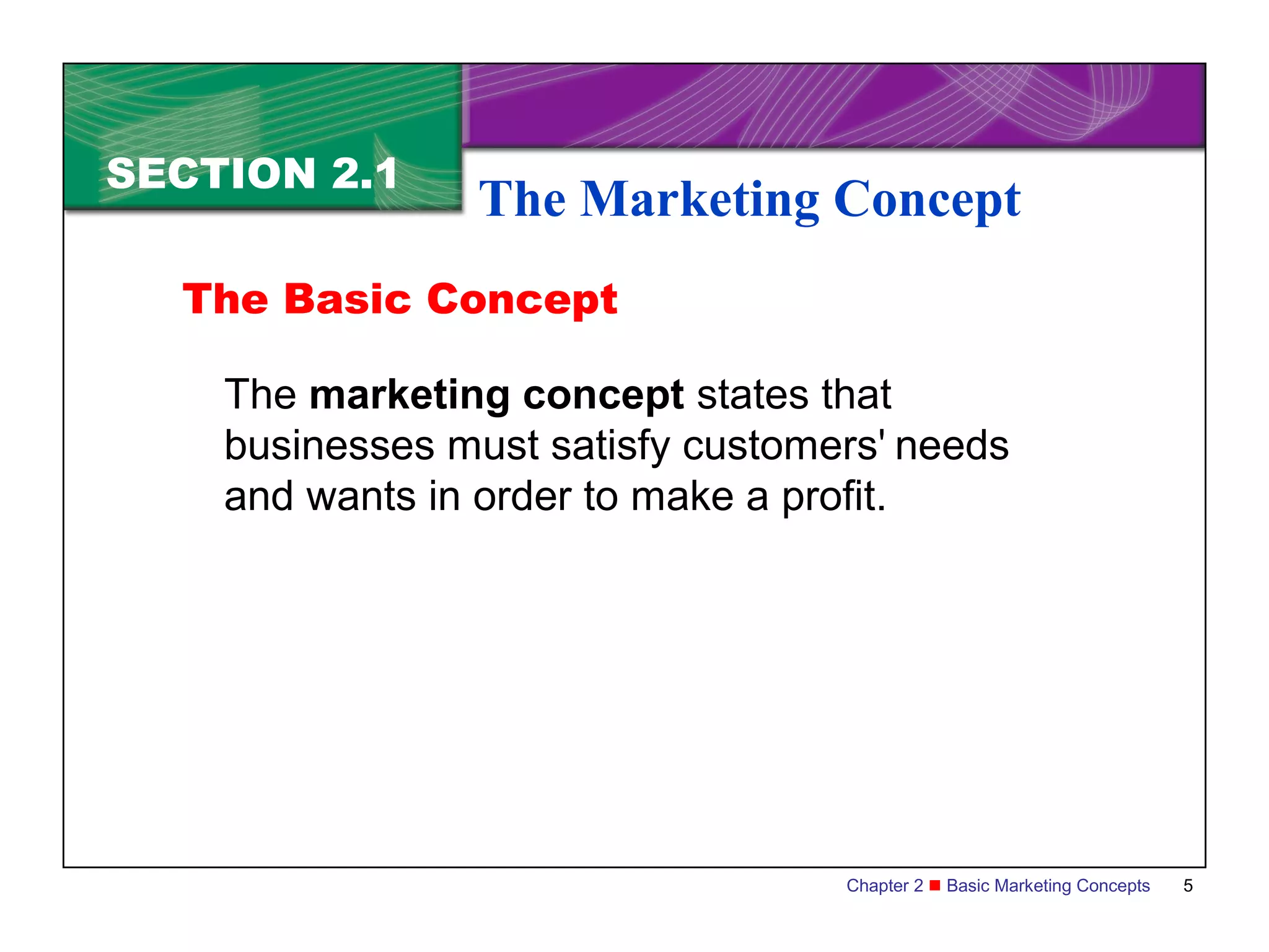 SECTION 2.1
                The Marketing Concept
  The Basic Concept

    The marketing concept states that
    businesses must satisfy customers' needs
    and wants in order to make a profit.




                                   Chapter 2  Basic Marketing Concepts   5
 