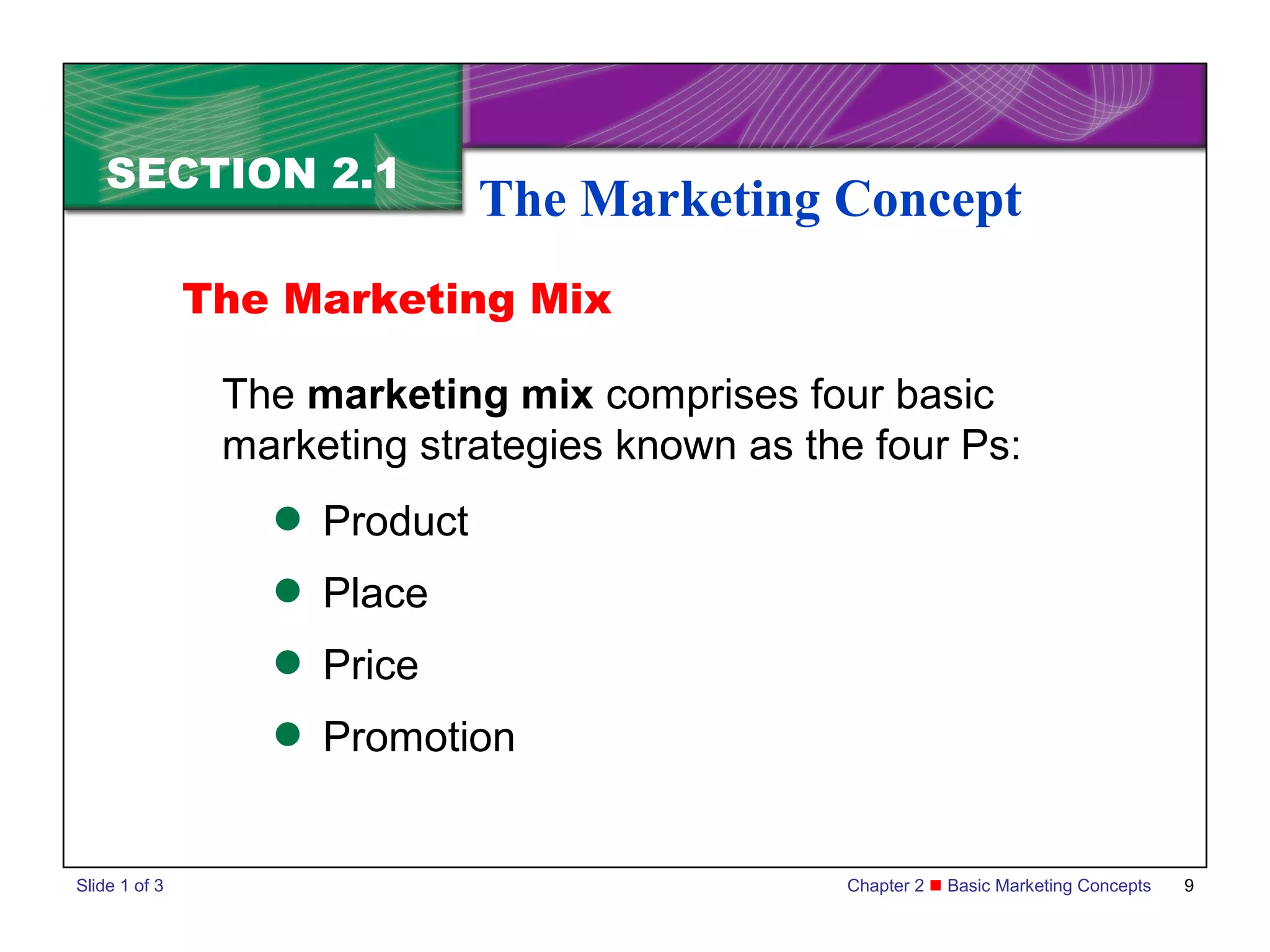 SECTION 2.1
                              The Marketing Concept
               The Marketing Mix

                The marketing mix comprises four basic
                marketing strategies known as the four Ps:
                   Product
                   Place
                   Price
                   Promotion


Slide 1 of 3                                    Chapter 2  Basic Marketing Concepts   9
 