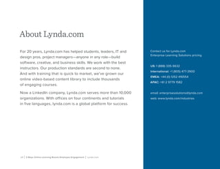 13 | 3 Ways Online Learning Boosts Employee Engagement | Lynda.com
For 20 years, Lynda.com has helped students, leaders, IT and
design pros, project managers—anyone in any role—build
software, creative, and business skills. We work with the best
instructors. Our production standards are second to none.
And with training that is quick to market, we’ve grown our
online video-based content library to include thousands
of engaging courses.
Now a LinkedIn company, Lynda.com serves more than 10,000
organizations. With offices on four continents and tutorials
in five languages, lynda.com is a global platform for success.
About Lynda.comAbout Lynda.com
Contact us for Lynda.com
Enterprise Learning Solutions pricing.
US: 1 (888) 335-9632
International: +1 (805) 477-3900
EMEA: +44 (0) 1252 416554
APAC: +61 2 9779 1582
email: enterprisesolutions@lynda.com
web: www.lynda.com/industries
 