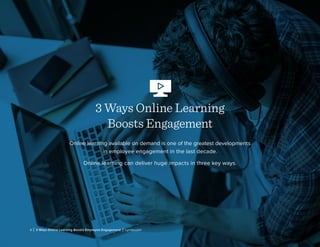 5 | 3 Ways Online Learning Boosts Employee Engagement | Lynda.com
3 Ways Online Learning
Boosts Engagement
Online learning available on demand is one of the greatest developments
in employee engagement in the last decade.
Online learning can deliver huge impacts in three key ways.
 