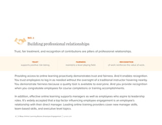 6 | 3 Ways Online Learning Boosts Employee Engagement | Lynda.com
NO. 1
Building professional relationships
Trust, fair treatment, and recognition of contributions are pillars of professional relationships.
Providing access to online learning proactively demonstrates trust and fairness. And it enables recognition.
You trust employees to log in as needed without the oversight of a traditional instructor hovering nearby.
You demonstrate fairness because a quality tool is available to everyone. And you provide recognition
when you congratulate employees for course completions or training accomplishments.
In addition, effective online learning supports managers as well as employees who aspire to leadership
roles. It’s widely accepted that a top factor influencing employee engagement is an employee’s
relationship with their direct manager. Leading online training providers cover new manager skills,
team-based skills, and executive level topics.
trust
supports positive risk taking.
fairness
maintains a level playing field.
recognition
of work reinforces the value of work.
 