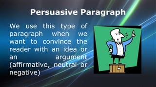 Persuasive Paragraph 
We use this type of 
paragraph when we 
want to convince the 
reader with an idea or 
an argument 
(affirmative, neutral or 
negative) 
 