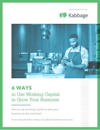 to Use Working Capital
to Grow Your Business
How to use working capital to take your
business to the next level.
6 WAYS
guide brought to you by
*Includes results gathered from a Kabbage survey polling 500 established small businesses.
 