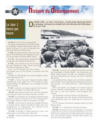 histoire du débarquement
D
e 0h20 à 23h… Le Jour J fut le jour… le plus long. Heure par heure
ou presque, retrouvez les temps forts de cette journée Historique
du 6 juin 1944.
00 hh 2200 (23 h 20 à l'heure allemande) :
les paras britanniques du Général Gale
et du Major Howard atterrissent près du
canal de Caen à la mer et prennent les
ponts de Ranville et Bénouville.
11 hh 0000 :: les parachutistes américains des
82e et 101e Airborne sont largués au-des-
sus de la région de Sainte-Mère-Eglise.
44 hh 4455 :: les parachutistes britanniques
s'emparent de la batterie de Merville.
66 hh 3300 :: c'est l'heure H sur les trois pla-
ges de Colleville-sur-Mer, Saint-Laurent-
sur-Mer et Vierville-sur-Mer.
Les 1re
et 29e
divisions US sont clouées
sur Omaha sous un feu d'enfer. Les pertes sont très
lourdes.
77 hh 1100 :: les 225 Rangers du colonel Rudder escala-
dent la Pointe du Hoc.
77 hh 3300 :: c'est au tour des troupes d'assaut anglo-
canadiennes, sans oublier les 177 Français du com-
mando Kieffer, de débarquer sur les plages de Gold,
Juno et Sword.
99 hh 3300 :: à Sword, les Anglais tiennent Hermanville ;
à Juno, les Canadiens occupent Meuvaines.
1100 hh 0000 :: deux brèches sont enfin ouvertes à Omaha,
une à l'ouest, l'autre sur Saint-Laurent-sur-Mer.
1122 hh 0000 :: les Canadiens et les Anglais pénètrent dans
plusieurs villes du front de mer. C'est notamment le
cas à Saint-Aubin-sur-Mer et Langrune-sur-Mer.
1133 hh 0000 :: c'est encore le chaos sur la plage d'Omaha.
La marée haute a réduit la bande de sable, avec pour
conséquence un entassement des hommes et du
matériel sous le feu de l'ennemi.
1144 hh 0000 :: à Omaha, le Génie parvient à ouvrir une
brèche pour les blindés et les véhicules.
1166 hh 3300 :: à Gold, les Britanniques prennent la plage
du Hamel.
2200 hh 0000 :: la sortie de la plage de Vierville-sur-Mer
est aménagée à Omaha Beach. Les Américains ont
libéré Saint-Laurent-sur-Mer et Colleville-sur-Mer,
mais les Allemands ne sont pas loin dans l'intérieur
des terres.
Les parachutistes anglais de la 6e
division aéropor-
tée ont atteint tous leurs objectifs. Mais les pertes sont
très lourdes : sur 6.000 hommes, 1.200 manquent à
l'appel.
Partis de Sword, les Anglais ont avancé jusqu'à
Périers, Bréville et Biéville-Beuville, mais ils doivent
faire face à une très violente contre-attaque alle-
mande.
Les Canadiens arrivent à Villons-les-Buissons.
Des patrouilles de la 56e
division d'infanterie britan-
nique pénètrent dans les faubourgs au nord-est de
Bayeux.
La 151e
division d'infanterie anglaise atteint la route
Bayeux-Caen.
2211 hh 0000 :: le 1er
Hampshire tient Arromanches.
2233 hh 3300 :: à la Pointe du Hoc, les Rangers ne sont pas
au bout de leur peine. Ils doivent faire face à une vio-
lente contre-attaque de l'armée allemande. Ils devront
tenir leur position jusqu'à l'arrivée des renforts. Au
pris de très lourdes pertes.
Le Jour J
heure par
heure
4
@UsArmy-mémorialdeCaen
 