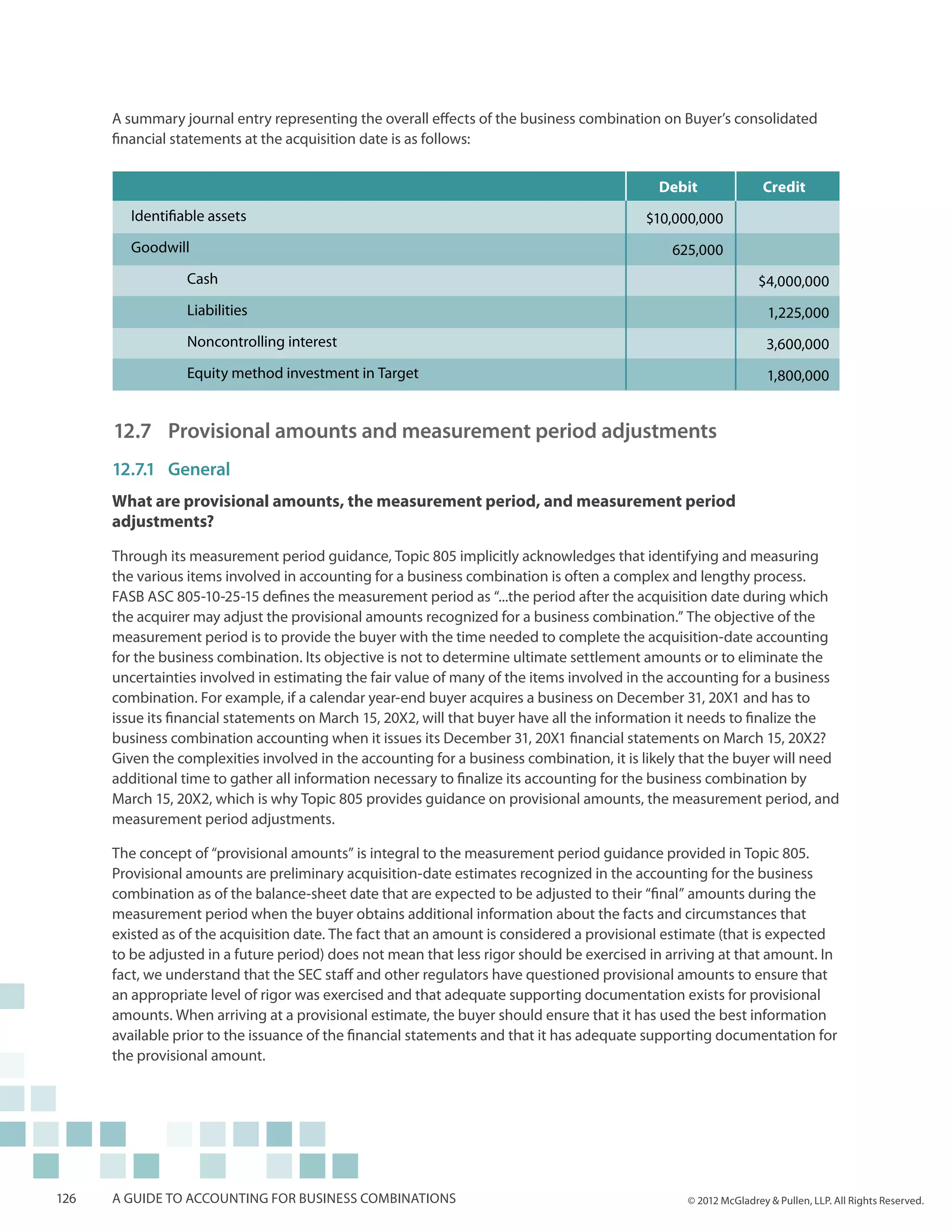 A summary journal entry representing the overall effects of the business combination on Buyer’s consolidated
      financial statements at the acquisition date is as follows:


                                                                                            Debit                Credit
         Identifiable assets                                                              $10,000,000
         Goodwill                                                                             625,000
         	Cash                                                                                                  $4,000,000
         	Liabilities                                                                                             1,225,000
         	        Noncontrolling interest                                                                         3,600,000
         	        Equity method investment in Target                                                              1,800,000


      12.7 	 Provisional amounts and measurement period adjustments
      12.7.1	General
      What are provisional amounts, the measurement period, and measurement period
      adjustments?
      Through its measurement period guidance, Topic 805 implicitly acknowledges that identifying and measuring
      the various items involved in accounting for a business combination is often a complex and lengthy process.
      FASB ASC 805-10-25-15 defines the measurement period as “...the period after the acquisition date during which
      the acquirer may adjust the provisional amounts recognized for a business combination.” The objective of the
      measurement period is to provide the buyer with the time needed to complete the acquisition-date accounting
      for the business combination. Its objective is not to determine ultimate settlement amounts or to eliminate the
      uncertainties involved in estimating the fair value of many of the items involved in the accounting for a business
      combination. For example, if a calendar year-end buyer acquires a business on December 31, 20X1 and has to
      issue its financial statements on March 15, 20X2, will that buyer have all the information it needs to finalize the
      business combination accounting when it issues its December 31, 20X1 financial statements on March 15, 20X2?
      Given the complexities involved in the accounting for a business combination, it is likely that the buyer will need
      additional time to gather all information necessary to finalize its accounting for the business combination by
      March 15, 20X2, which is why Topic 805 provides guidance on provisional amounts, the measurement period, and
      measurement period adjustments.

      The concept of “provisional amounts” is integral to the measurement period guidance provided in Topic 805.
      Provisional amounts are preliminary acquisition-date estimates recognized in the accounting for the business
      combination as of the balance-sheet date that are expected to be adjusted to their “final” amounts during the
      measurement period when the buyer obtains additional information about the facts and circumstances that
      existed as of the acquisition date. The fact that an amount is considered a provisional estimate (that is expected
      to be adjusted in a future period) does not mean that less rigor should be exercised in arriving at that amount. In
      fact, we understand that the SEC staff and other regulators have questioned provisional amounts to ensure that
      an appropriate level of rigor was exercised and that adequate supporting documentation exists for provisional
      amounts. When arriving at a provisional estimate, the buyer should ensure that it has used the best information
      available prior to the issuance of the financial statements and that it has adequate supporting documentation for
      the provisional amount.




126   A guide to accounting for business combinations                                            © 2012 McGladrey & Pullen, LLP. All Rights Reserved.
 