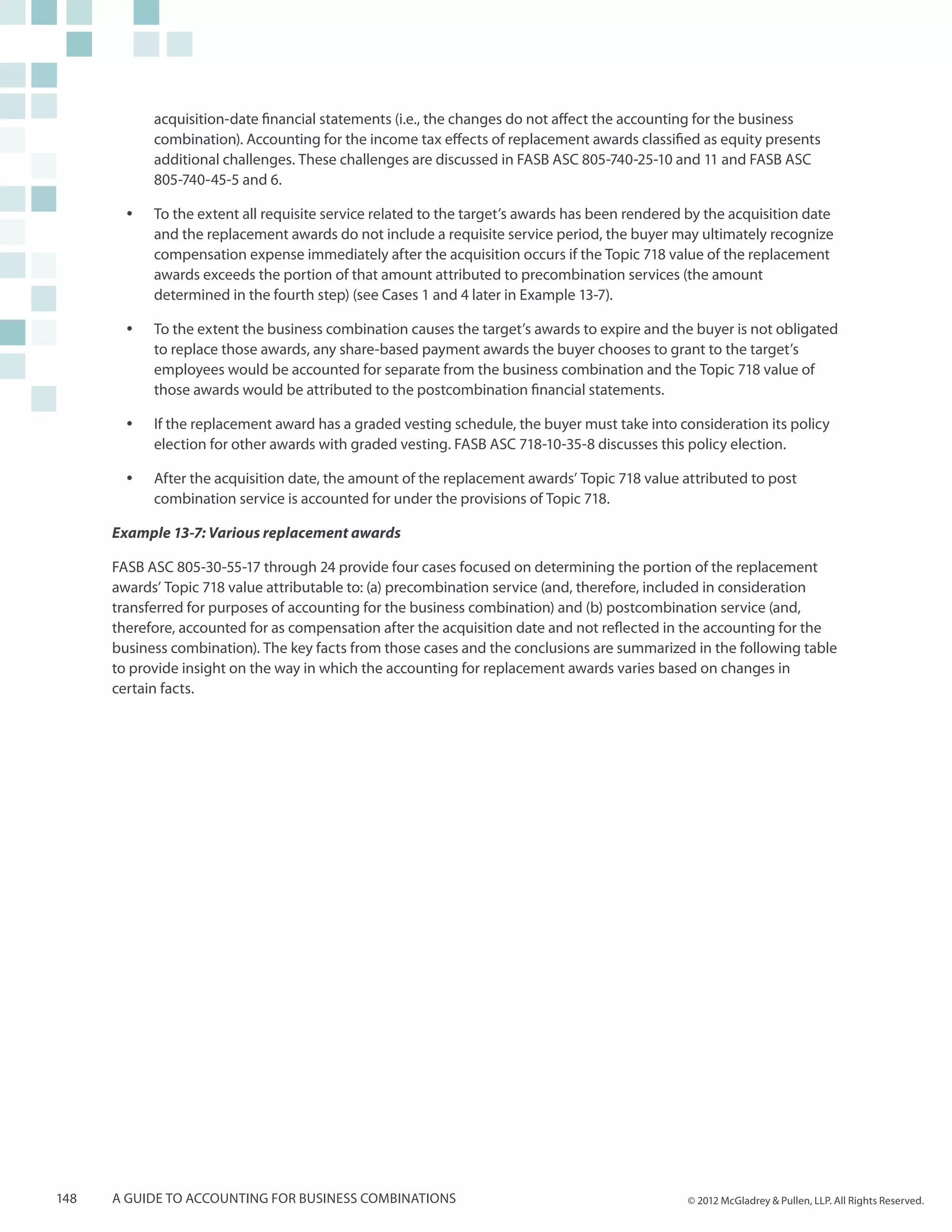 acquisition-date financial statements (i.e., the changes do not affect the accounting for the business
             combination). Accounting for the income tax effects of replacement awards classified as equity presents
             additional challenges. These challenges are discussed in FASB ASC 805-740-25-10 and 11 and FASB ASC
             805-740-45-5 and 6.

        yy   To the extent all requisite service related to the target’s awards has been rendered by the acquisition date
             and the replacement awards do not include a requisite service period, the buyer may ultimately recognize
             compensation expense immediately after the acquisition occurs if the Topic 718 value of the replacement
             awards exceeds the portion of that amount attributed to precombination services (the amount
             determined in the fourth step) (see Cases 1 and 4 later in Example 13-7).

        yy   To the extent the business combination causes the target’s awards to expire and the buyer is not obligated
             to replace those awards, any share-based payment awards the buyer chooses to grant to the target’s
             employees would be accounted for separate from the business combination and the Topic 718 value of
             those awards would be attributed to the postcombination financial statements.

        yy   If the replacement award has a graded vesting schedule, the buyer must take into consideration its policy
             election for other awards with graded vesting. FASB ASC 718-10-35-8 discusses this policy election.

        yy   After the acquisition date, the amount of the replacement awards’ Topic 718 value attributed to post
             combination service is accounted for under the provisions of Topic 718.

      Example 13-7: Various replacement awards

      FASB ASC 805-30-55-17 through 24 provide four cases focused on determining the portion of the replacement
      awards’ Topic 718 value attributable to: (a) precombination service (and, therefore, included in consideration
      transferred for purposes of accounting for the business combination) and (b) postcombination service (and,
      therefore, accounted for as compensation after the acquisition date and not reflected in the accounting for the
      business combination). The key facts from those cases and the conclusions are summarized in the following table
      to provide insight on the way in which the accounting for replacement awards varies based on changes in
      certain facts.




148   A guide to accounting for business combinations                                            © 2012 McGladrey & Pullen, LLP. All Rights Reserved.
 