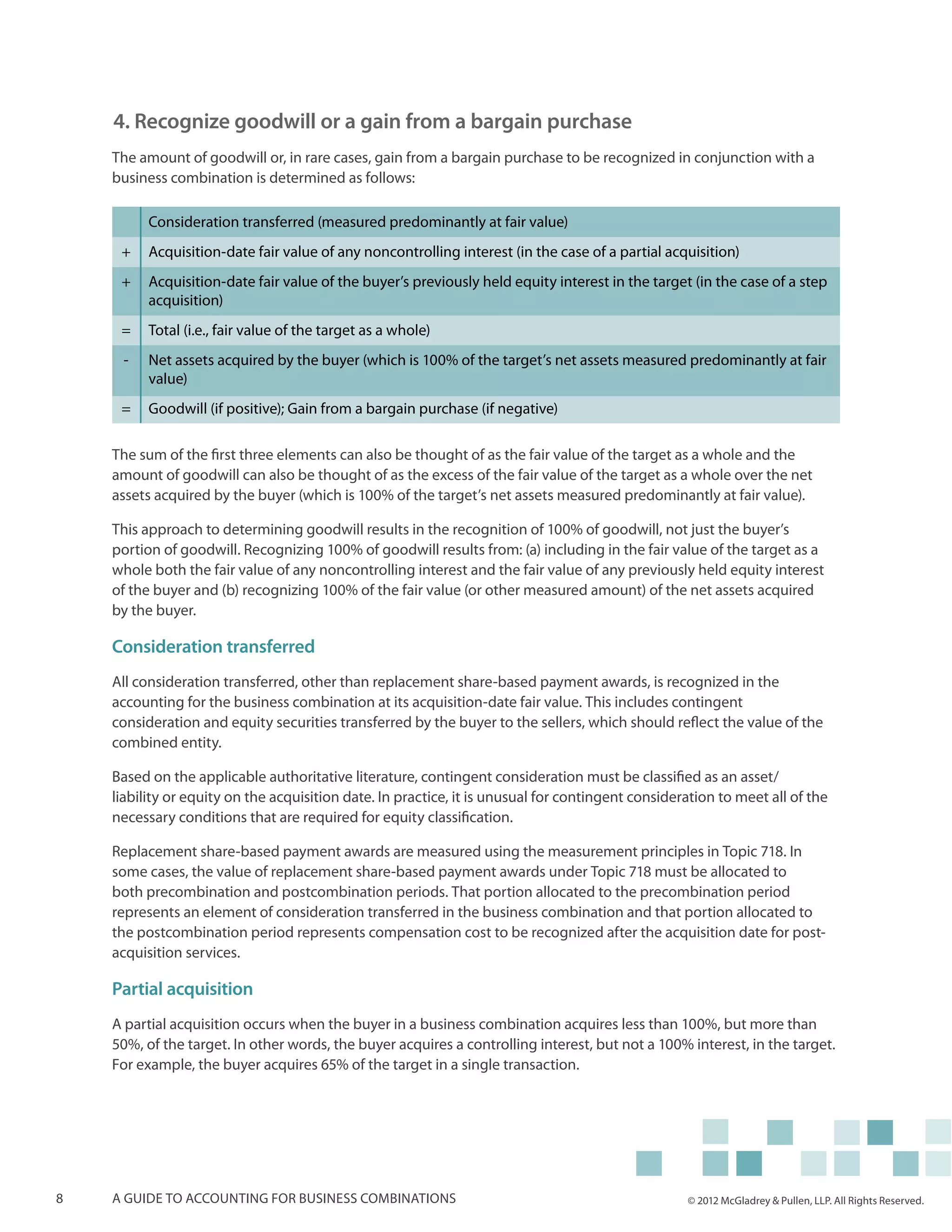 4. Recognize goodwill or a gain from a bargain purchase
    The amount of goodwill or, in rare cases, gain from a bargain purchase to be recognized in conjunction with a
    business combination is determined as follows:

          Consideration transferred (measured predominantly at fair value)
     +    Acquisition-date fair value of any noncontrolling interest (in the case of a partial acquisition)
     +    Acquisition-date fair value of the buyer’s previously held equity interest in the target (in the case of a step
          acquisition)
     =    Total (i.e., fair value of the target as a whole)
     -    Net assets acquired by the buyer (which is 100% of the target’s net assets measured predominantly at fair
          value)
     =    Goodwill (if positive); Gain from a bargain purchase (if negative)

    The sum of the first three elements can also be thought of as the fair value of the target as a whole and the
    amount of goodwill can also be thought of as the excess of the fair value of the target as a whole over the net
    assets acquired by the buyer (which is 100% of the target’s net assets measured predominantly at fair value).

    This approach to determining goodwill results in the recognition of 100% of goodwill, not just the buyer’s
    portion of goodwill. Recognizing 100% of goodwill results from: (a) including in the fair value of the target as a
    whole both the fair value of any noncontrolling interest and the fair value of any previously held equity interest
    of the buyer and (b) recognizing 100% of the fair value (or other measured amount) of the net assets acquired
    by the buyer.

    Consideration transferred
    All consideration transferred, other than replacement share-based payment awards, is recognized in the
    accounting for the business combination at its acquisition-date fair value. This includes contingent
    consideration and equity securities transferred by the buyer to the sellers, which should reflect the value of the
    combined entity.

    Based on the applicable authoritative literature, contingent consideration must be classified as an asset/
    liability or equity on the acquisition date. In practice, it is unusual for contingent consideration to meet all of the
    necessary conditions that are required for equity classification.

    Replacement share-based payment awards are measured using the measurement principles in Topic 718. In
    some cases, the value of replacement share-based payment awards under Topic 718 must be allocated to
    both precombination and postcombination periods. That portion allocated to the precombination period
    represents an element of consideration transferred in the business combination and that portion allocated to
    the postcombination period represents compensation cost to be recognized after the acquisition date for post-
    acquisition services.

    Partial acquisition
    A partial acquisition occurs when the buyer in a business combination acquires less than 100%, but more than
    50%, of the target. In other words, the buyer acquires a controlling interest, but not a 100% interest, in the target.
    For example, the buyer acquires 65% of the target in a single transaction.




8   A guide to accounting for business combinations                                                © 2012 McGladrey & Pullen, LLP. All Rights Reserved.
 