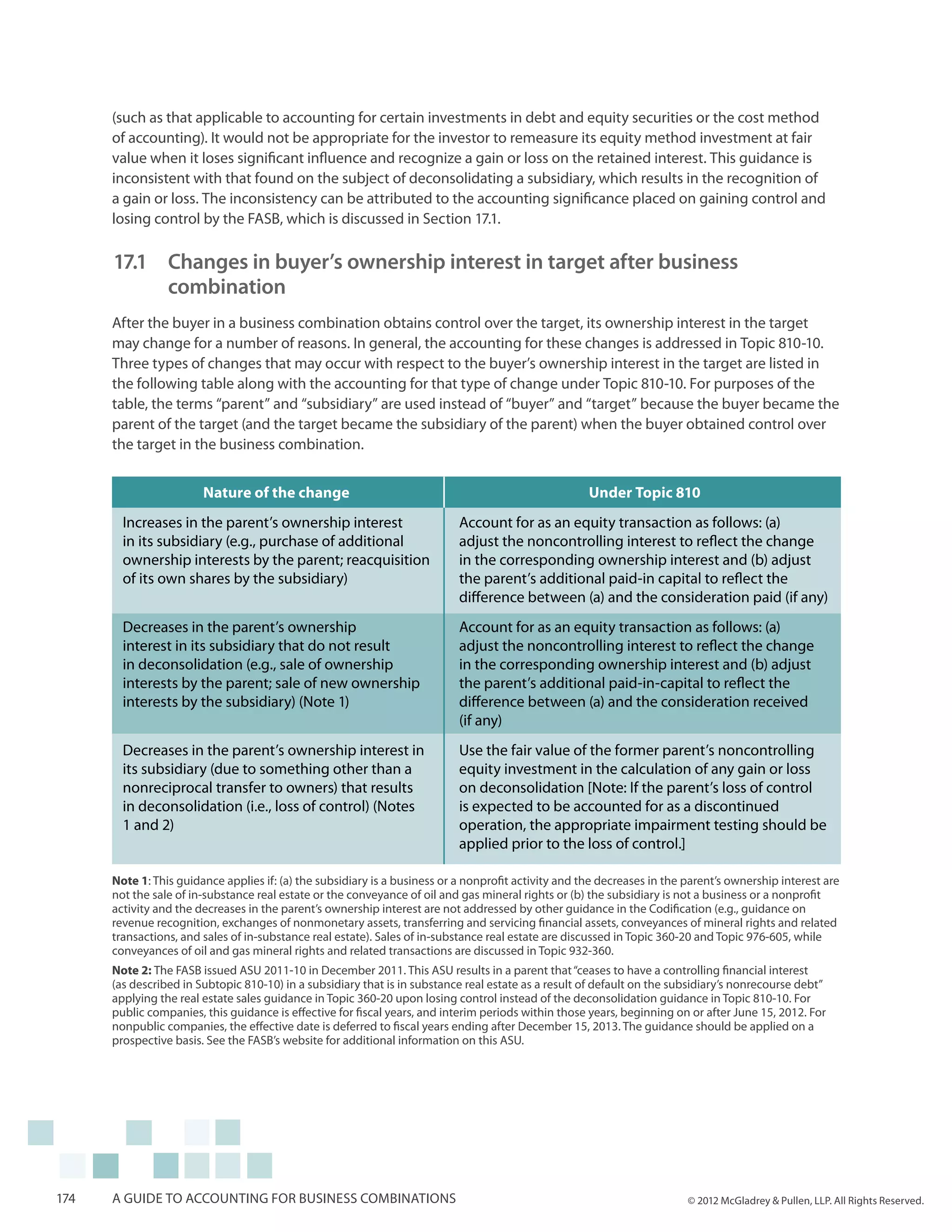 (such as that applicable to accounting for certain investments in debt and equity securities or the cost method
      of accounting). It would not be appropriate for the investor to remeasure its equity method investment at fair
      value when it loses significant influence and recognize a gain or loss on the retained interest. This guidance is
      inconsistent with that found on the subject of deconsolidating a subsidiary, which results in the recognition of
      a gain or loss. The inconsistency can be attributed to the accounting significance placed on gaining control and
      losing control by the FASB, which is discussed in Section 17.1.

      17.1 	 Changes in buyer’s ownership interest in target after business
          	combination
      After the buyer in a business combination obtains control over the target, its ownership interest in the target
      may change for a number of reasons. In general, the accounting for these changes is addressed in Topic 810-10.
      Three types of changes that may occur with respect to the buyer’s ownership interest in the target are listed in
      the following table along with the accounting for that type of change under Topic 810-10. For purposes of the
      table, the terms “parent” and “subsidiary” are used instead of “buyer” and “target” because the buyer became the
      parent of the target (and the target became the subsidiary of the parent) when the buyer obtained control over
      the target in the business combination.


                        Nature of the change                                                          Under Topic 810
        Increases in the parent’s ownership interest                        Account for as an equity transaction as follows: (a)
        in its subsidiary (e.g., purchase of additional                     adjust the noncontrolling interest to reflect the change
        ownership interests by the parent; reacquisition                    in the corresponding ownership interest and (b) adjust
        of its own shares by the subsidiary)                                the parent’s additional paid-in capital to reflect the
                                                                            difference between (a) and the consideration paid (if any)
        Decreases in the parent’s ownership                                 Account for as an equity transaction as follows: (a)
        interest in its subsidiary that do not result                       adjust the noncontrolling interest to reflect the change
        in deconsolidation (e.g., sale of ownership                         in the corresponding ownership interest and (b) adjust
        interests by the parent; sale of new ownership                      the parent’s additional paid-in-capital to reflect the
        interests by the subsidiary) (Note 1)                               difference between (a) and the consideration received
                                                                            (if any)
        Decreases in the parent’s ownership interest in                     Use the fair value of the former parent’s noncontrolling
        its subsidiary (due to something other than a                       equity investment in the calculation of any gain or loss
        nonreciprocal transfer to owners) that results                      on deconsolidation [Note: If the parent’s loss of control
        in deconsolidation (i.e., loss of control) (Notes                   is expected to be accounted for as a discontinued
        1 and 2)                                                            operation, the appropriate impairment testing should be
                                                                            applied prior to the loss of control.]

      Note 1: This guidance applies if: (a) the subsidiary is a business or a nonprofit activity and the decreases in the parent’s ownership interest are
      not the sale of in-substance real estate or the conveyance of oil and gas mineral rights or (b) the subsidiary is not a business or a nonprofit
      activity and the decreases in the parent’s ownership interest are not addressed by other guidance in the Codification (e.g., guidance on
      revenue recognition, exchanges of nonmonetary assets, transferring and servicing financial assets, conveyances of mineral rights and related
      transactions, and sales of in-substance real estate). Sales of in-substance real estate are discussed in Topic 360-20 and Topic 976-605, while
      conveyances of oil and gas mineral rights and related transactions are discussed in Topic 932-360.
      Note 2: The FASB issued ASU 2011-10 in December 2011. This ASU results in a parent that “ceases to have a controlling financial interest
      (as described in Subtopic 810-10) in a subsidiary that is in substance real estate as a result of default on the subsidiary’s nonrecourse debt”
      applying the real estate sales guidance in Topic 360-20 upon losing control instead of the deconsolidation guidance in Topic 810-10. For
      public companies, this guidance is effective for fiscal years, and interim periods within those years, beginning on or after June 15, 2012. For
      nonpublic companies, the effective date is deferred to fiscal years ending after December 15, 2013. The guidance should be applied on a
      prospective basis. See the FASB’s website for additional information on this ASU.




174   A guide to accounting for business combinations                                                                     © 2012 McGladrey & Pullen, LLP. All Rights Reserved.
 