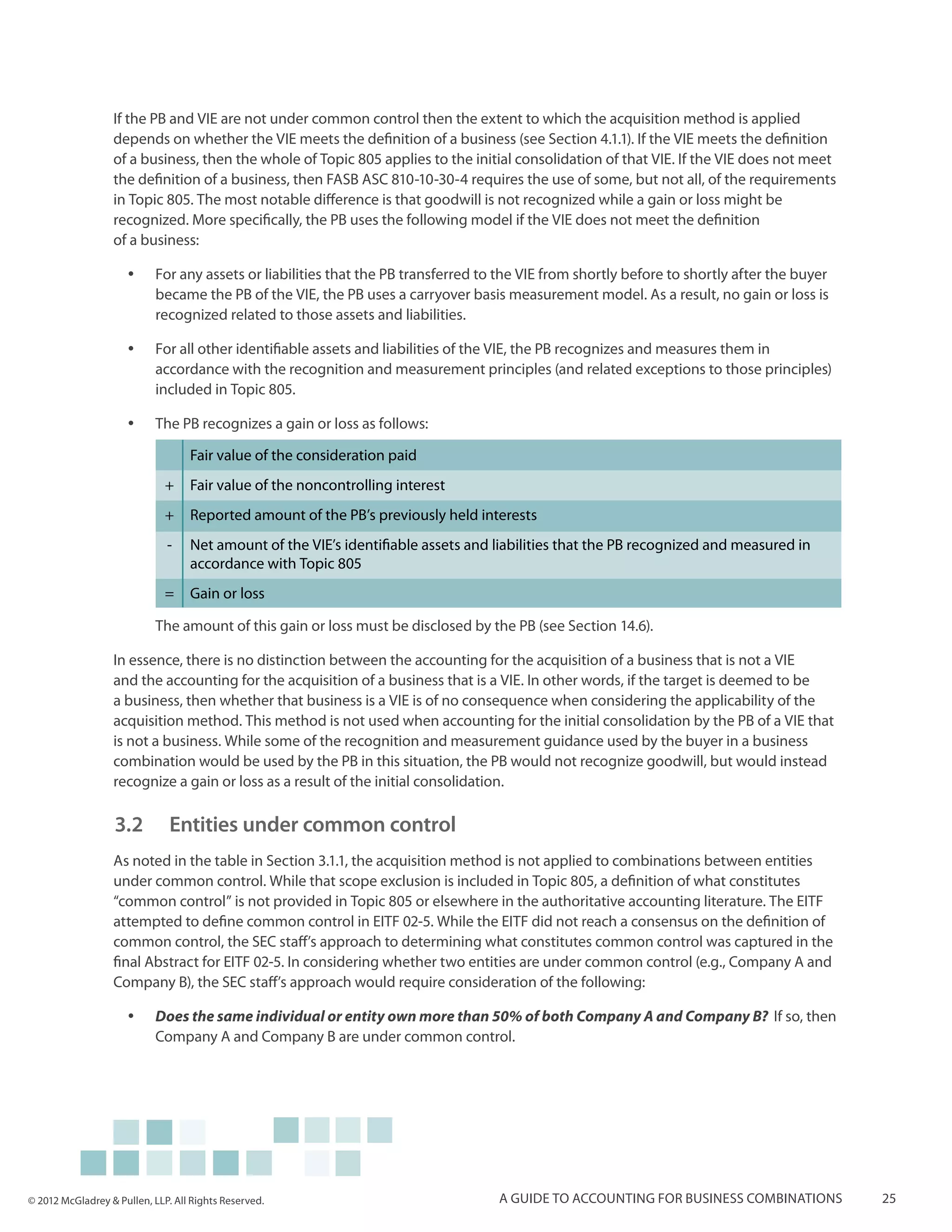 If the PB and VIE are not under common control then the extent to which the acquisition method is applied
                  depends on whether the VIE meets the definition of a business (see Section 4.1.1). If the VIE meets the definition
                  of a business, then the whole of Topic 805 applies to the initial consolidation of that VIE. If the VIE does not meet
                  the definition of a business, then FASB ASC 810-10-30-4 requires the use of some, but not all, of the requirements
                  in Topic 805. The most notable difference is that goodwill is not recognized while a gain or loss might be
                  recognized. More specifically, the PB uses the following model if the VIE does not meet the definition
                  of a business:

                     yy     For any assets or liabilities that the PB transferred to the VIE from shortly before to shortly after the buyer
                            became the PB of the VIE, the PB uses a carryover basis measurement model. As a result, no gain or loss is
                            recognized related to those assets and liabilities.

                     yy     For all other identifiable assets and liabilities of the VIE, the PB recognizes and measures them in
                            accordance with the recognition and measurement principles (and related exceptions to those principles)
                            included in Topic 805.

                     yy     The PB recognizes a gain or loss as follows:

                                   Fair value of the consideration paid
                              +    Fair value of the noncontrolling interest
                              +    Reported amount of the PB’s previously held interests
                              -    Net amount of the VIE’s identifiable assets and liabilities that the PB recognized and measured in
                                   accordance with Topic 805
                              =    Gain or loss

                            The amount of this gain or loss must be disclosed by the PB (see Section 14.6).

                  In essence, there is no distinction between the accounting for the acquisition of a business that is not a VIE
                  and the accounting for the acquisition of a business that is a VIE. In other words, if the target is deemed to be
                  a business, then whether that business is a VIE is of no consequence when considering the applicability of the
                  acquisition method. This method is not used when accounting for the initial consolidation by the PB of a VIE that
                  is not a business. While some of the recognition and measurement guidance used by the buyer in a business
                  combination would be used by the PB in this situation, the PB would not recognize goodwill, but would instead
                  recognize a gain or loss as a result of the initial consolidation.

                   3.2 		Entities under common control
                  As noted in the table in Section 3.1.1, the acquisition method is not applied to combinations between entities
                  under common control. While that scope exclusion is included in Topic 805, a definition of what constitutes
                  “common control” is not provided in Topic 805 or elsewhere in the authoritative accounting literature. The EITF
                  attempted to define common control in EITF 02-5. While the EITF did not reach a consensus on the definition of
                  common control, the SEC staff’s approach to determining what constitutes common control was captured in the
                  final Abstract for EITF 02-5. In considering whether two entities are under common control (e.g., Company A and
                  Company B), the SEC staff’s approach would require consideration of the following:

                     yy     Does the same individual or entity own more than 50% of both Company A and Company B? If so, then
                            Company A and Company B are under common control.




© 2012 McGladrey & Pullen, LLP. All Rights Reserved.                                A guide to accounting for business combinations           25
 