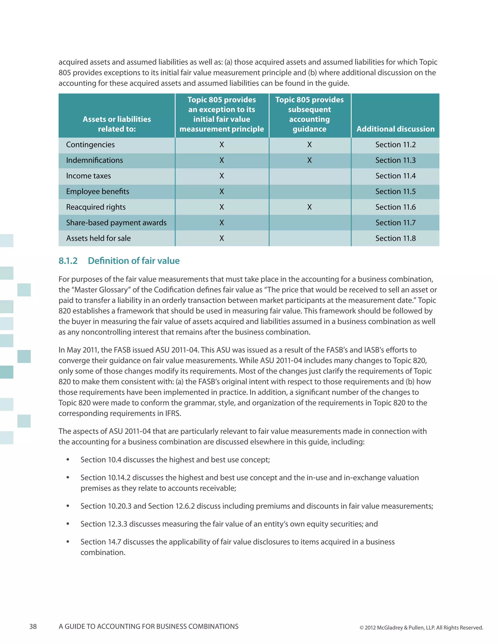 acquired assets and assumed liabilities as well as: (a) those acquired assets and assumed liabilities for which Topic
     805 provides exceptions to its initial fair value measurement principle and (b) where additional discussion on the
     accounting for these acquired assets and assumed liabilities can be found in the guide.

                                           Topic 805 provides           Topic 805 provides
                                           an exception to its             subsequent
            Assets or liabilities            initial fair value            accounting
                related to:               measurement principle             guidance              Additional discussion
       Contingencies                                   X                          X                      Section 11.2
       Indemnifications                                X                          X                      Section 11.3
       Income taxes                                    X                                                 Section 11.4
       Employee benefits                               X                                                 Section 11.5
       Reacquired rights                               X                          X                      Section 11.6
       Share-based payment awards                      X                                                 Section 11.7
       Assets held for sale                            X                                                 Section 11.8

     8.1.2	 Definition of fair value
     For purposes of the fair value measurements that must take place in the accounting for a business combination,
     the “Master Glossary” of the Codification defines fair value as “The price that would be received to sell an asset or
     paid to transfer a liability in an orderly transaction between market participants at the measurement date.” Topic
     820 establishes a framework that should be used in measuring fair value. This framework should be followed by
     the buyer in measuring the fair value of assets acquired and liabilities assumed in a business combination as well
     as any noncontrolling interest that remains after the business combination.

     In May 2011, the FASB issued ASU 2011-04. This ASU was issued as a result of the FASB’s and IASB’s efforts to
     converge their guidance on fair value measurements. While ASU 2011-04 includes many changes to Topic 820,
     only some of those changes modify its requirements. Most of the changes just clarify the requirements of Topic
     820 to make them consistent with: (a) the FASB’s original intent with respect to those requirements and (b) how
     those requirements have been implemented in practice. In addition, a significant number of the changes to
     Topic 820 were made to conform the grammar, style, and organization of the requirements in Topic 820 to the
     corresponding requirements in IFRS.

     The aspects of ASU 2011-04 that are particularly relevant to fair value measurements made in connection with
     the accounting for a business combination are discussed elsewhere in this guide, including:

       yy   Section 10.4 discusses the highest and best use concept;

       yy   Section 10.14.2 discusses the highest and best use concept and the in-use and in-exchange valuation
            premises as they relate to accounts receivable;

       yy   Section 10.20.3 and Section 12.6.2 discuss including premiums and discounts in fair value measurements;

       yy   Section 12.3.3 discusses measuring the fair value of an entity’s own equity securities; and

       yy   Section 14.7 discusses the applicability of fair value disclosures to items acquired in a business
            combination.




38   A guide to accounting for business combinations                                               © 2012 McGladrey & Pullen, LLP. All Rights Reserved.
 