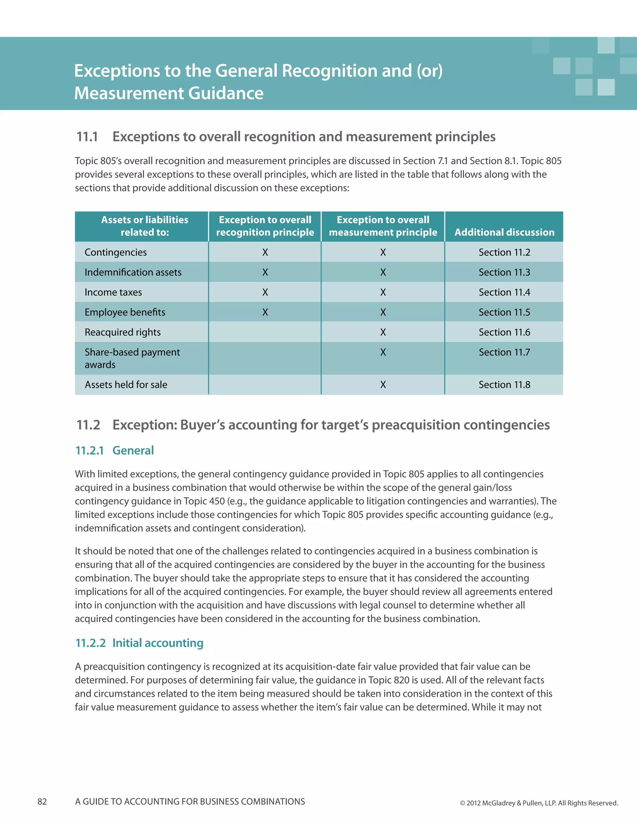 Exceptions to the General Recognition and (or)
     Measurement Guidance

     11.1	Exceptions to overall recognition and measurement principles
     Topic 805’s overall recognition and measurement principles are discussed in Section 7.1 and Section 8.1. Topic 805
     provides several exceptions to these overall principles, which are listed in the table that follows along with the
     sections that provide additional discussion on these exceptions:


           Assets or liabilities       Exception to overall      Exception to overall
               related to:            recognition principle     measurement principle         Additional discussion
       Contingencies                            X                           X                        Section 11.2
       Indemnification assets                   X                           X                        Section 11.3
       Income taxes                             X                           X                        Section 11.4
       Employee benefits                        X                           X                        Section 11.5
       Reacquired rights                                                    X                        Section 11.6
       Share-based payment                                                  X                        Section 11.7
       awards
       Assets held for sale                                                 X                        Section 11.8


     11.2 	Exception: Buyer’s accounting for target’s preacquisition contingencies
     11.2.1	General
     With limited exceptions, the general contingency guidance provided in Topic 805 applies to all contingencies
     acquired in a business combination that would otherwise be within the scope of the general gain/loss
     contingency guidance in Topic 450 (e.g., the guidance applicable to litigation contingencies and warranties). The
     limited exceptions include those contingencies for which Topic 805 provides specific accounting guidance (e.g.,
     indemnification assets and contingent consideration).

     It should be noted that one of the challenges related to contingencies acquired in a business combination is
     ensuring that all of the acquired contingencies are considered by the buyer in the accounting for the business
     combination. The buyer should take the appropriate steps to ensure that it has considered the accounting
     implications for all of the acquired contingencies. For example, the buyer should review all agreements entered
     into in conjunction with the acquisition and have discussions with legal counsel to determine whether all
     acquired contingencies have been considered in the accounting for the business combination.

     11.2.2	 Initial accounting
     A preacquisition contingency is recognized at its acquisition-date fair value provided that fair value can be
     determined. For purposes of determining fair value, the guidance in Topic 820 is used. All of the relevant facts
     and circumstances related to the item being measured should be taken into consideration in the context of this
     fair value measurement guidance to assess whether the item’s fair value can be determined. While it may not




82   A guide to accounting for business combinations                                           © 2012 McGladrey & Pullen, LLP. All Rights Reserved.
 