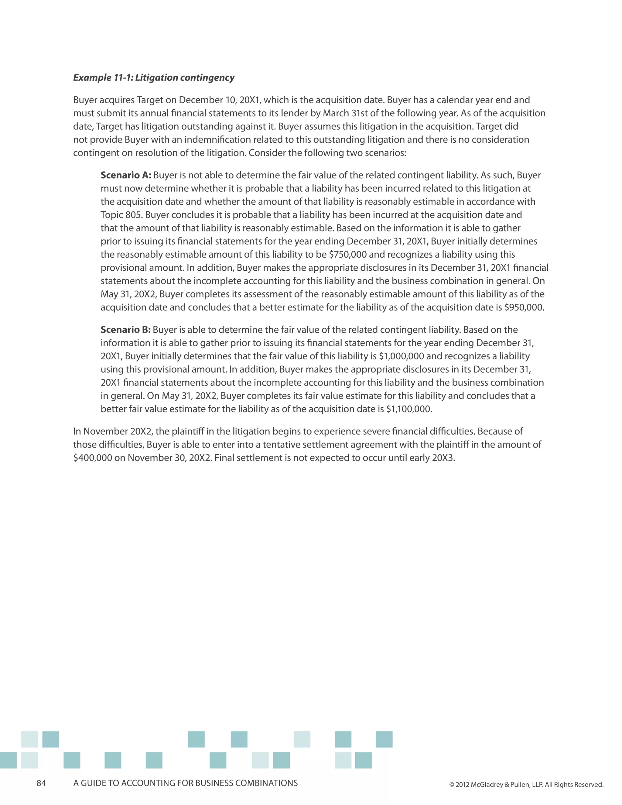 Example 11-1: Litigation contingency

     Buyer acquires Target on December 10, 20X1, which is the acquisition date. Buyer has a calendar year end and
     must submit its annual financial statements to its lender by March 31st of the following year. As of the acquisition
     date, Target has litigation outstanding against it. Buyer assumes this litigation in the acquisition. Target did
     not provide Buyer with an indemnification related to this outstanding litigation and there is no consideration
     contingent on resolution of the litigation. Consider the following two scenarios:

           Scenario A: Buyer is not able to determine the fair value of the related contingent liability. As such, Buyer
           must now determine whether it is probable that a liability has been incurred related to this litigation at
           the acquisition date and whether the amount of that liability is reasonably estimable in accordance with
           Topic 805. Buyer concludes it is probable that a liability has been incurred at the acquisition date and
           that the amount of that liability is reasonably estimable. Based on the information it is able to gather
           prior to issuing its financial statements for the year ending December 31, 20X1, Buyer initially determines
           the reasonably estimable amount of this liability to be $750,000 and recognizes a liability using this
           provisional amount. In addition, Buyer makes the appropriate disclosures in its December 31, 20X1 financial
           statements about the incomplete accounting for this liability and the business combination in general. On
           May 31, 20X2, Buyer completes its assessment of the reasonably estimable amount of this liability as of the
           acquisition date and concludes that a better estimate for the liability as of the acquisition date is $950,000.

           Scenario B: Buyer is able to determine the fair value of the related contingent liability. Based on the
           information it is able to gather prior to issuing its financial statements for the year ending December 31,
           20X1, Buyer initially determines that the fair value of this liability is $1,000,000 and recognizes a liability
           using this provisional amount. In addition, Buyer makes the appropriate disclosures in its December 31,
           20X1 financial statements about the incomplete accounting for this liability and the business combination
           in general. On May 31, 20X2, Buyer completes its fair value estimate for this liability and concludes that a
           better fair value estimate for the liability as of the acquisition date is $1,100,000.

     In November 20X2, the plaintiff in the litigation begins to experience severe financial difficulties. Because of
     those difficulties, Buyer is able to enter into a tentative settlement agreement with the plaintiff in the amount of
     $400,000 on November 30, 20X2. Final settlement is not expected to occur until early 20X3.




84   A guide to accounting for business combinations                                              © 2012 McGladrey & Pullen, LLP. All Rights Reserved.
 