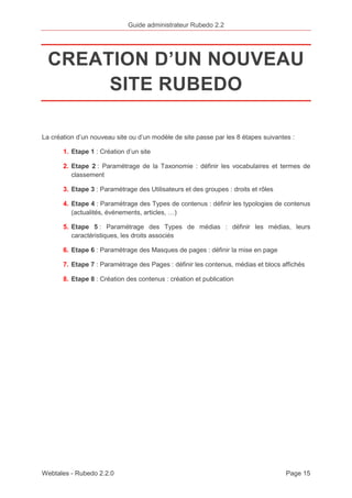 Guide administrateur Rubedo 2.2 
CREATION D’UN NOUVEAU 
SITE RUBEDO 
La création d’un nouveau site ou d’un modèle de site passe par les 8 étapes suivantes : 
1. Etape 1 : Création d’un site 
2. Etape 2 : Paramétrage de la Taxonomie : définir les vocabulaires et termes de 
classement 
3. Etape 3 : Paramétrage des Utilisateurs et des groupes : droits et rôles 
4. Etape 4 : Paramétrage des Types de contenus : définir les typologies de contenus 
(actualités, événements, articles, …) 
5. Etape 5 : Paramétrage des Types de médias : définir les médias, leurs 
caractéristiques, les droits associés 
6. Etape 6 : Paramétrage des Masques de pages : définir la mise en page 
7. Etape 7 : Paramétrage des Pages : définir les contenus, médias et blocs affichés 
8. Etape 8 : Création des contenus : création et publication 
Webtales - Rubedo 2.2.0 Page 15 
 
