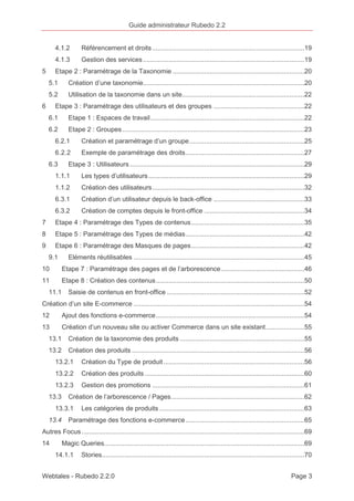 Guide administrateur Rubedo 2.2 
4.1.2 Référencement et droits ..................................................................................19 
4.1.3 Gestion des services .......................................................................................19 
5 Etape 2 : Paramétrage de la Taxonomie .......................................................................20 
5.1 Création d’une taxonomie.......................................................................................20 
5.2 Utilisation de la taxonomie dans un site ..................................................................22 
6 Etape 3 : Paramétrage des utilisateurs et des groupes .................................................22 
6.1 Etape 1 : Espaces de travail ...................................................................................22 
6.2 Etape 2 : Groupes ..................................................................................................23 
6.2.1 Création et paramétrage d’un groupe ..............................................................25 
6.2.2 Exemple de paramétrage des droits ................................................................27 
6.3 Etape 3 : Utilisateurs ..............................................................................................29 
1.1.1 Les types d’utilisateurs ....................................................................................29 
1.1.2 Création des utilisateurs ..................................................................................32 
6.3.1 Création d’un utilisateur depuis le back-office .................................................33 
6.3.2 Création de comptes depuis le front-office ......................................................34 
7 Etape 4 : Paramétrage des Types de contenus .............................................................35 
8 Etape 5 : Paramétrage des Types de médias ................................................................42 
9 Etape 6 : Paramétrage des Masques de pages .............................................................42 
9.1 Eléments réutilisables ............................................................................................45 
10 Etape 7 : Paramétrage des pages et de l’arborescence .............................................46 
11 Etape 8 : Création des contenus ................................................................................50 
11.1 Saisie de contenus en front-office ..........................................................................52 
Création d’un site E-commerce ............................................................................................54 
12 Ajout des fonctions e-commerce ................................................................................54 
13 Création d’un nouveau site ou activer Commerce dans un site existant .....................55 
13.1 Création de la taxonomie des produits ...................................................................55 
13.2 Création des produits .............................................................................................56 
13.2.1 Création du Type de produit ............................................................................56 
13.2.2 Création des produits ......................................................................................60 
13.2.3 Gestion des promotions ..................................................................................61 
13.3 Création de l’arborescence / Pages ........................................................................62 
13.3.1 Les catégories de produits ..............................................................................63 
13.4 Paramétrage des fonctions e-commerce ................................................................65 
Autres Focus ........................................................................................................................69 
14 Magic Queries............................................................................................................69 
14.1.1 Stories .............................................................................................................70 
Webtales - Rubedo 2.2.0 Page 3 
 