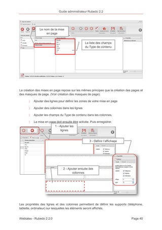 Guide administrateur Rubedo 2.2 
Le nom de la mise 
en page 
La liste des champs 
du Type de contenu 
La création des mises en page repose sur les mêmes principes que la création des pages et 
des masques de page. (Voir création des masques de page). 
〉 Ajouter des lignes pour définir les zones de votre mise en page 
〉 Ajouter des colonnes dans les lignes 
〉 Ajouter les champs du Type de contenu dans les colonnes. 
〉 La mise en page doit ensuite être activée. Puis enregistrer. 
1 - Ajouter les 
lignes 
3 - Définir l’affichage 
2 - Ajouter ensuite des 
colonnes 
Les propriétés des lignes et des colonnes permettent de définir les supports (téléphone, 
tablette, ordinateur) sur lesquelles les éléments seront affichés. 
Webtales - Rubedo 2.2.0 Page 40 
 