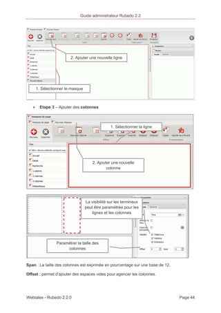 Guide administrateur Rubedo 2.2 
2. Ajouter une nouvelle ligne 
1. Sélectionner le masque 
· Etape 3 – Ajouter des colonnes 
1. Sélectionner la ligne 
2. Ajouter une nouvelle 
colonne 
La visibilité sur les terminaux 
peut être paramétrée pour les 
lignes et les colonnes 
Paramétrer la taille des 
colonnes 
Span : La taille des colonnes est exprimée en pourcentage sur une base de 12. 
Offset : permet d’ajouter des espaces vides pour agencer les colonnes. 
Webtales - Rubedo 2.2.0 Page 44 
 