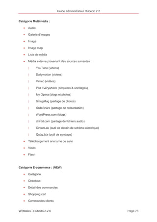 Guide administrateur Rubedo 2.2 
Catégorie Multimédia : 
· Audio 
· Galerie d’images 
· Image 
· Image map 
· Liste de média 
· Média externe provenant des sources suivantes : 
〉 YouTube (vidéos) 
〉 Dailymotion (videos) 
〉 Vimeo (vidéos) 
〉 Poll Everywhere (enquêtes & sondages) 
〉 My Opera (blogs et photos) 
〉 SmugMug (partage de photos) 
〉 SlideShare (partage de présentation) 
〉 WordPress.com (blogs) 
〉 chirbit.com (partage de fichiers audio) 
〉 CircuitLab (outil de dessin de schéma électrique) 
〉 Quizz.biz (outil de sondage) 
· Téléchargement anonyme ou suivi 
· Vidéo 
· Flash 
Catégorie E-commerce : (NEW) 
· Catégorie 
· Checkout 
· Détail des commandes 
· Shopping cart 
· Commandes clients 
Webtales - Rubedo 2.2.0 Page 73 
 