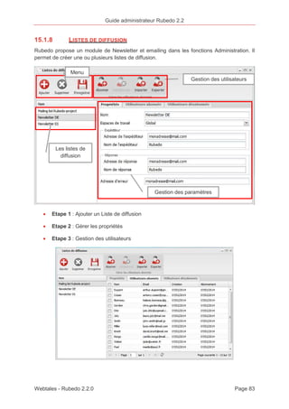 Guide administrateur Rubedo 2.2 
15.1.8 LISTES DE DIFFUSION 
Rubedo propose un module de Newsletter et emailing dans les fonctions Administration. Il 
permet de créer une ou plusieurs listes de diffusion. 
Menu 
Les listes de 
diffusion 
· Etape 1 : Ajouter un Liste de diffusion 
· Etape 2 : Gérer les propriétés 
· Etape 3 : Gestion des utilisateurs 
Gestion des utilisateurs 
Gestion des paramètres 
Webtales - Rubedo 2.2.0 Page 83 
 