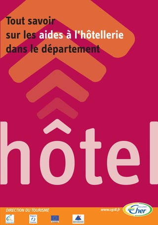 Tout savoir
sur les aides à l’hôtellerie
dans le département




DIRECTION DU TOURISME   www.cg18.fr
 