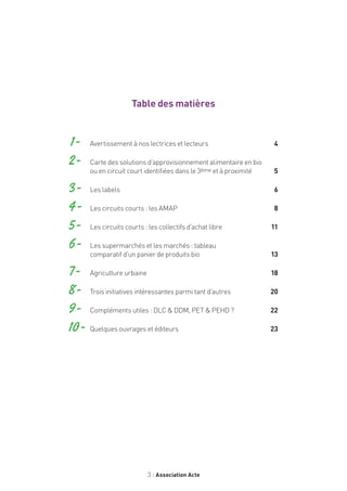 3 Association Acte
Table des matières
 1 -	 Avertissement à nos lectrices et lecteurs 4
2 -	Carte des solutions d’approvisionnement alimentaire en bio
ou en circuit court identifiées dans le 3ème et à proximité	  5
3 -	 Les labels	 6
4 -	 Les circuits courts : les AMAP	 8
5 -	 Les circuits courts : les collectifs d’achat libre	 11
6 -	Les supermarchés et les marchés : tableau
comparatif d’un panier de produits bio	 13
7 -	 Agriculture urbaine	 18
8 -	 Trois initiatives intéressantes parmi tant d’autres	 20
9 -	 Compléments utiles : DLC  DDM, PET  PEHD ?	 22
10 -	 Quelques ouvrages et éditeurs	 23
 