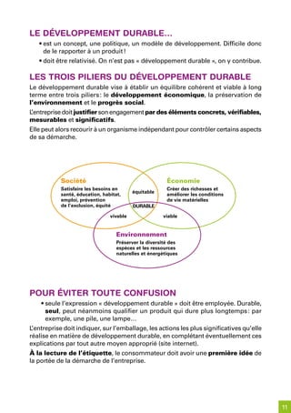le développement durable…
   • est un concept, une politique, un modèle de développement. Difficile donc
     de le rapporter à un produit !
   • doit être relativisé. On n’est pas « développement durable », on y contribue.

les trois piliers du développement durable
Le développement durable vise à établir un équilibre cohérent et viable à long
terme entre trois piliers : le développement économique, la préservation de
l’environnement et le progrès social.
L’entreprise doit justifier son engagement par des éléments concrets, vérifiables,
mesurables et significatifs.
Elle peut alors recourir à un organisme indépendant pour contrôler certains aspects
de sa démarche.




           Société                                      Économie
           Satisfaire les besoins en                    Créer des richesses et
                                          équitable
           santé, éducation, habitat,                   améliorer les conditions
           emploi, prévention                           de vie matérielles
           de l’exclusion, équité         DURABLE

                                vivable               viable


                                   Environnement
                                   Préserver la diversité des
                                   espèces et les ressources
                                   naturelles et énergétiques




pour éviter toute Confusion
    • seule l’expression « développement durable » doit être employée. Durable,
      seul, peut néanmoins qualifier un produit qui dure plus longtemps : par
      exemple, une pile, une lampe…
L’entreprise doit indiquer, sur l’emballage, les actions les plus significatives qu’elle
réalise en matière de développement durable, en complétant éventuellement ces
explications par tout autre moyen approprié (site internet).
À la lecture de l’étiquette, le consommateur doit avoir une première idée de
la portée de la démarche de l’entreprise.




                                                                                           11
 