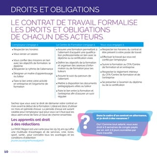 10
?
Dans le cadre d’un contrat en alternance,
ai-je droit à des vacances ?
Oui ! Comme tout salarié, vous avez
droit à 5 semaines de congés payés
par an, soit 2,5 jours ouvrables par
mois travaillé.
Sachez que vous avez le droit de démarrer votre contrat un
mois avant le début de la formation. L’idéal est donc d’utiliser
ce mois en période d’essai. La période d’essai est autant
valable pour l’employeur que pour vous car il faut que les
deux aient envie de faire un bout de chemin ensemble.
Les apprentis ont droit
à des réductions
Le PASS’ Région est une carte pour les 15/25 ans qui offre
une multitude d'avantages et de services, ciné, livres,
sport, santé... pour connaître tous les avantages et les
conditions d’obtention
jeunes.auvergnerhonealpes.fr
CHOISIR L’ALTERNANCE
LE CONTRAT DE TRAVAIL FORMALISE
LES DROITS ET OBLIGATIONS
DE CHACUN DES ACTEURS.
L’employeur s’engage à Le Centre de Formation s’engage à Vous vous engagez à
● Respecter les horaires
● Vous verser un salaire
● Vous confier des missions en lien
avec les objectifs de formation, le
diplôme
● Respecter le rythme de l’alternance
● Désigner un maître d’apprentissage
ou tuteur
● Faire le lien entre votre activité
en entreprise et l’organisme de
formation
● Assurer une formation permettant à
l'alternant d’acquérir une qualifica-
tion professionnelle en lien avec le
diplôme ou la certification visée
● Définir les objectifs de la formation
et organiser des séances d’infor-
mation ou de formation pour les
tuteurs
● Assurer le suivi du parcours de
l’alternant.
● Mettre à disposition les documents
pédagogiques utiles au tuteur
● Faire le lien entre la formation et
l’entreprise afin d’assurer un suivi
régulier
● Respecter les horaires du contrat et
être présent à votre poste de travail
● Effectuer le travail qui vous est
confié par l’employeur
● Suivre la formation au CFA/Centre
de formation et en entreprise
● Respecter le règlement intérieur
du CFA/Centre de formation et de
l’entreprise
● Se présenter à l’examen du diplôme
ou de la certification
DROITS ET OBLIGATIONS
 