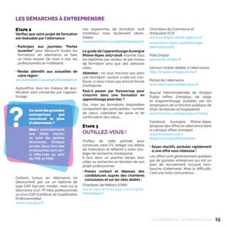 15
?
Ce sont les grandes
entreprises qui
recrutent le plus
d’alternants ?
Non ! contrairement
aux idées reçues,
ce sont les petites
structures. Chaque
année, deux tiers des
embauches sont ain-
si effectués au sein
de TPE et PME.
CALENDRIER DE L’ALTERNANCE 2018
LES DÉMARCHES À ENTREPRENDRE
Etape 2
Vérifiez que votre projet de formation
est réalisable par l’alternance
• Participez aux journées Portes
ouvertes pour découvrir toutes les
formations en alternance et faire
un choix éclairé. De mars à mai, les
professionnels se mobilisent.
• Restez attentifs aux actualités de
votre région :
www.orientation.auvergnerhonealpes.fr
Aujourd’hui, tous les niveaux de qua-
lification sont concernés par l’appren-
tissage.
Certains cursus en alternance ne
débouchent pas sur un diplôme de
type CAP, bac pro, master… mais sur la
délivrance d’un TP (titre professionnel)
ou d’un CQP (Certificat de Qualification
Professionnelle)
www.cncp.gouv.fr
Les organismes de formation sont
nombreux mais facilement identi-
fiables
www.orientation.auvergnerhonealpes.fr
Le guide de l’apprentissage Auvergne
Rhône-Alpes 2017-2018 recense tous
les diplômes par secteur et par niveau
de formation ainsi que des adresses
utiles.
Attention : ne vous inscrivez pas dans
une formation, surtout si elle est coû-
teuse, si vous n'avez pas encore trouvé
d'entreprise.
Faut-il passer par Parcoursup pour
s’inscrire dans une formation en
apprentissage post-bac ?
Oui, mais les formations disponibles
comportent des particularités : nombre
de vœux, calendrier de saisie et de
confirmation des vœux...
Etape 3
OUTILLEZ-VOUS !
Profitez de cette période pour
construire votre CV, rédiger vos lettres
de motivation et réfléchir à votre stra-
tégie de recherche d’entreprise
Il faut dans un premier temps bien
cibler sa recherche en fonction de son
projet professionnel
• Prenez contact et déposez des
candidatures auprès des chambres
consulaires et sur les sites dédiés :
Chambres de Métiers (CMA)
www.apprentissage-auvergne-
rhonealpes.fr
Chambres de Commerce et
d’Industrie (CCI)
www.auvergne-rhone-alpes.cci.fr
www.rhone-alpes-apprentissage-
alternance.com
Pôle Emploi
www.pole-emploi.fr
(version mobile dédiée à l'alternance)
http://m.pole-emploi-jeune.fr
Portail de l’alternance
www.alternance.emploi.gouv.fr
Bourse Interministérielle de l’Emploi
Public (offres d’emplois, de stage
et d’apprentissage publiées par les
employeurs de la fonction publique de
l’État, territoriale et hospitalière)
www.fonction-publique.gouv.fr/biep
Facebook Auvergne Rhône-Alpes
(propose des offres en alternance dans
la rubrique offres d’emploi)
www.facebook.com/
RegionAuvergneRhoneAlpes
• Soyez réactifs, postulez rapidement
si une offre vous intéresse !
Les offres sont généralement publiées
par de grandes entreprises qui ont un
plan de recrutement incluant l’em-
bauche d’alternants. Mais la difficulté,
c'est une forte concurrence …
 