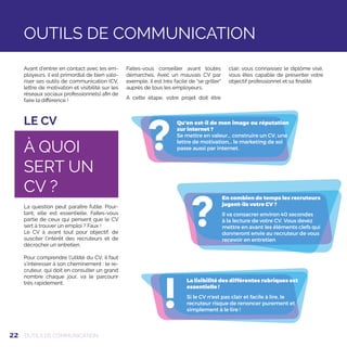 22
?
Qu'en est-il de mon image ou réputation
sur internet ?
Se mettre en valeur... construire un CV, une
lettre de motivation... le marketing de soi
passe aussi par internet.
Avant d’entrer en contact avec les em-
ployeurs, il est primordial de bien valo-
riser ses outils de communication (CV,
lettre de motivation et visibilité sur les
réseaux sociaux professionnels) afin de
faire la différence !
Faites-vous conseiller avant toutes
démarches. Avec un mauvais CV par
exemple, il est très facile de se griller
auprès de tous les employeurs.
A cette étape, votre projet doit être
clair, vous connaissez le diplôme visé,
vous êtes capable de présenter votre
objectif professionnel et sa finalité.
?
En combien de temps les recruteurs
jugent-ils votre CV ?
Il va consacrer environ 40 secondes
à la lecture de votre CV. Vous devez
mettre en avant les éléments clefs qui
donneront envie au recruteur de vous
recevoir en entretien
!
La lisibilité des différentes rubriques est
essentielle !
Si le CV n'est pas clair et facile à lire, le
recruteur risque de renoncer purement et
simplement à le lire !
LE CV
OUTILS DE COMMUNICATION
OUTILS DE COMMUNICATION
À QUOI
SERT UN
CV ?
La question peut paraître futile. Pour-
tant, elle est essentielle. Faites-vous
partie de ceux qui pensent que le CV
sert à trouver un emploi ? Faux !
Le CV à avant tout pour objectif, de
susciter l’intérêt des recruteurs et de
décrocher un entretien.
Pour comprendre l'utilité du CV, il faut
s'intéresser à son cheminement : le re-
cruteur, qui doit en consulter un grand
nombre chaque jour, va le parcourir
très rapidement.
 