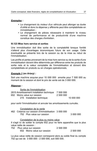 Cadre conceptuel, états financiers, règles de comptabilisation et d’évaluation     37



Exemples :
        • Le changement du moteur d'un véhicule peut allonger sa durée
          d'utilité et donc la dépense y afférente peut être comptabilisée en
          immobilisation ;
        • Le changement de pièces nécessaire à maintenir le niveau
          normal de performance et de productivité d'une machine
          constitue des charges d'entretien.

III.123 Mise hors service et sorties
Une immobilisation doit être sortie de la comptabilité lorsque l'entité
n'attend plus d'avantages économiques futurs de son usage. Cette
éventualité se présente lors de la cession ou de la mise au rebut de
l'immobilisation.
Les profits et pertes provenant de la mise hors service ou de la sortie d'une
immobilisation doivent être déterminés par différence entre les produits de
sortie nets et la valeur comptable de l'immobilisation et doivent être
comptabilisés en produits ou en charges opérationnels.

Exemple 1 (en Ariary) :
Soit une machine acquise pour 10 000 000 amortie pour 7 500 000 au
moment de la cession et dont le prix de vente est de 3 000 000.

Réponse :
       Sortie de l'immobilisation
2815 Amortissement installation technique             7 500 000
652 Moins value sur cession                           2 500 000
       215 Installation technique                                    10 000 000

pour sortir l'immobilisation et annuler les amortissements cumulés.

       Constatation de la vente
462 Créance sur cession d'immobilisation 3 000 000
       752 Plus value sur cession                                      3 000 000

           Constatation de la plus ou moins value
Il s'agit ici de solder le compte 652 pour ne faire apparaître que la plus
value nette de cession :
752 Plus value sur cession                    2 500 000
           652 Moins value sur cession                     2 500 000

La plus value nette de cession correspond alors au solde final du compte
752 qui est de 3 000 000 - 2 500 000, soit 500 000.
 