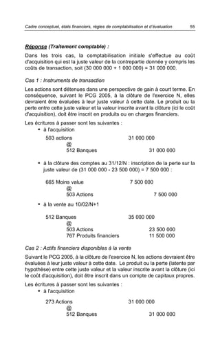 Cadre conceptuel, états financiers, règles de comptabilisation et d’évaluation   55



Réponse (Traitement comptable) :
Dans les trois cas, la comptabilisation initiale s'effectue au coût
d'acquisition qui est la juste valeur de la contrepartie donnée y compris les
coûts de transaction, soit (30 000 000 + 1 000 000) = 31 000 000.

Cas 1 : Instruments de transaction
Les actions sont détenues dans une perspective de gain à court terme. En
conséquence, suivant le PCG 2005, à la clôture de l'exercice N, elles
devraient être évaluées à leur juste valeur à cette date. Le produit ou la
perte entre cette juste valeur et la valeur inscrite avant la clôture (ici le coût
d'acquisition), doit être inscrit en produits ou en charges financiers.
Les écritures à passer sont les suivantes :
     • à l'acquisition
          503 actions                                 31 000 000
                   @
                   512 Banques                                   31 000 000

      • à la clôture des comptes au 31/12/N : inscription de la perte sur la
         juste valeur de (31 000 000 - 23 500 000) = 7 500 000 :

          665 Moins value                              7 500 000
                  @
                  503 Actions                                       7 500 000
      • à la vente au 10/02/N+1

          512 Banques                                 35 000 000
                 @
                 503 Actions                                     23 500 000
                 767 Produits financiers                         11 500 000

Cas 2 : Actifs financiers disponibles à la vente
Suivant le PCG 2005, à la clôture de l'exercice N, les actions devraient être
évaluées à leur juste valeur à cette date. Le produit ou la perte (latente par
hypothèse) entre cette juste valeur et la valeur inscrite avant la clôture (ici
le coût d'acquisition), doit être inscrit dans un compte de capitaux propres.
Les écritures à passer sont les suivantes :
     • à l'acquisition
          273 Actions                                 31 000 000
                   @
                   512 Banques                                   31 000 000
 