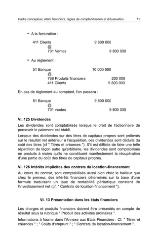 Cadre conceptuel, états financiers, règles de comptabilisation et d’évaluation   71



      • A la facturation :

          411 Clients                                   9 800 000
                   @
                   701 Ventes                                      9 800 000

      • Au règlement :

          51 Banque                                   10 000 000
                 @
                 768 Produits financiers                            200 000
                 411 Clients                                      9 800 000

En cas de règlement au comptant, l'on passera :

          51 Banque                                     9 800 000
                 @
                 701 ventes                                        9 800 000

VI. 125 Dividendes
Les dividendes sont comptabilisés lorsque le droit de l'actionnaire de
percevoir le paiement est établi.
Lorsque des dividendes sur des titres de capitaux propres sont prélevés
sur le résultat net antérieur à l'acquisition, ces dividendes sont déduits du
coût des titres (cf " Titres et créances "). S'il est difficile de faire une telle
répartition de façon autre qu'arbitraire, les dividendes sont comptabilisés
en produits à moins qu'ils ne constituent manifestement la récupération
d'une partie du coût des titres de capitaux propres.

VI. 126 Intérêts implicites des contrats de location-financement
Au cours du contrat, sont comptabilisés aussi bien chez le bailleur que
chez le preneur, des intérêts financiers déterminés sur la base d'une
formule traduisant un taux de rentabilité périodique constant de
l'investissement net (cf. " Contrats de location-financement ").


                VI. 13 Présentation dans les états financiers

Les charges et produits financiers doivent être présentés en compte de
résultat sous la rubrique " Produit des activités ordinaires ".
Informations à fournir dans l'Annexe aux Etats Financiers : Cf. " Titres et
créances " ; " Coûts d'emprunt " ; " Contrats de location-financement ".
 