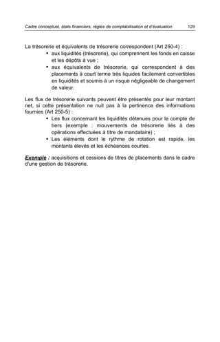 Cadre conceptuel, états financiers, règles de comptabilisation et d’évaluation   129



La trésorerie et équivalents de trésorerie correspondent (Art 250-4) :
         • aux liquidités (trésorerie), qui comprennent les fonds en caisse
            et les dépôts à vue ;
         • aux équivalents de trésorerie, qui correspondent à des
            placements à court terme très liquides facilement convertibles
            en liquidités et soumis à un risque négligeable de changement
            de valeur.

Les flux de trésorerie suivants peuvent être présentés pour leur montant
net, si cette présentation ne nuit pas à la pertinence des informations
fournies (Art 250-5) :
          • Les flux concernant les liquidités détenues pour le compte de
            tiers (exemple : mouvements de trésorerie liés à des
            opérations effectuées à titre de mandataire) ;
          • Les éléments dont le rythme de rotation est rapide, les
            montants élevés et les échéances courtes.

Exemple : acquisitions et cessions de titres de placements dans le cadre
d'une gestion de trésorerie.
 