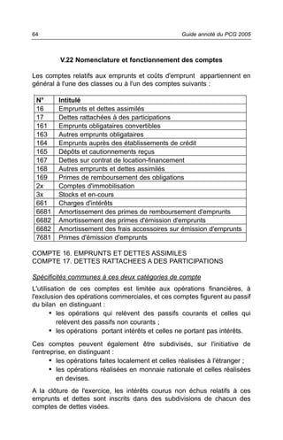 64                                                 Guide annoté du PCG 2005



         V.22 Nomenclature et fonctionnement des comptes

Les comptes relatifs aux emprunts et coûts d'emprunt appartiennent en
général à l'une des classes ou à l'un des comptes suivants :

 N°      Intitulé
 16      Emprunts et dettes assimilés
 17      Dettes rattachées à des participations
 161     Emprunts obligataires convertibles
 163     Autres emprunts obligataires
 164     Emprunts auprès des établissements de crédit
 165     Dépôts et cautionnements reçus
 167     Dettes sur contrat de location-financement
 168     Autres emprunts et dettes assimilés
 169     Primes de remboursement des obligations
 2x      Comptes d'immobilisation
 3x      Stocks et en-cours
 661     Charges d'intérêts
 6681    Amortissement des primes de remboursement d'emprunts
 6682    Amortissement des primes d'émission d'emprunts
 6682    Amortissement des frais accessoires sur émission d'emprunts
 7681    Primes d'émission d'emprunts

COMPTE 16. EMPRUNTS ET DETTES ASSIMILES
COMPTE 17. DETTES RATTACHEES A DES PARTICIPATIONS

Spécificités communes à ces deux catégories de compte
L'utilisation de ces comptes est limitée aux opérations financières, à
l'exclusion des opérations commerciales, et ces comptes figurent au passif
du bilan en distinguant :
        • les opérations qui relèvent des passifs courants et celles qui
          relèvent des passifs non courants ;
        • les opérations portant intérêts et celles ne portant pas intérêts.
Ces comptes peuvent également être subdivisés, sur l'initiative de
l'entreprise, en distinguant :
       • les opérations faites localement et celles réalisées à l'étranger ;
       • les opérations réalisées en monnaie nationale et celles réalisées
         en devises.
A la clôture de l'exercice, les intérêts courus non échus relatifs à ces
emprunts et dettes sont inscrits dans des subdivisions de chacun des
comptes de dettes visées.
 