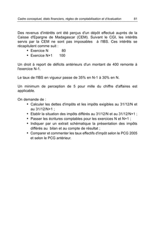 Cadre conceptuel, états financiers, règles de comptabilisation et d’évaluation   81



Des revenus d'intérêts ont été perçus d'un dépôt effectué auprès de la
Caisse d'Epargne de Madagascar (CEM). Suivant le CGI, les intérêts
servis par la CEM ne sont pas imposables à l'IBS. Ces intérêts se
récapitulent comme suit :
      • Exercice N         80
      • Exercice N+1      100

Un droit à report de déficits antérieurs d'un montant de 400 remonte à
l'exercice N-1.

Le taux de l'IBS en vigueur passe de 35% en N-1 à 30% en N.

Un minimum de perception de 5 pour mille du chiffre d'affaires est
applicable.

On demande de :
     • Calculer les dettes d'impôts et les impôts exigibles au 31/12/N et
       au 31/12/N+1 ;
     • Etablir la situation des impôts différés au 31/12/N et au 31/12/N+1 ;
     • Passer les écritures comptables pour les exercices N et N+1 ;
     • Indiquer par un extrait schématique la présentation des impôts
       différés au bilan et au compte de résultat ;
     • Comparer et commenter les taux effectifs d'impôt selon le PCG 2005
       et selon le PCG antérieur.
 