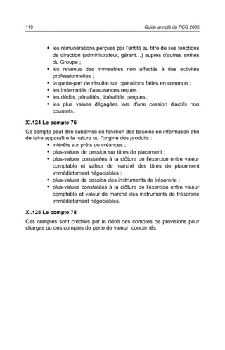110                                                Guide annoté du PCG 2005



         • les rémunérations perçues par l'entité au titre de ses fonctions
             de direction (administrateur, gérant…) auprès d'autres entités
             du Groupe ;
         •   les revenus des immeubles non affectés à des activités
             professionnelles ;
         •   la quote-part de résultat sur opérations faites en commun ;
         •   les indemnités d'assurances reçues ;
         •   les dédits, pénalités, libéralités perçues ;
         •   les plus values dégagées lors d'une cession d'actifs non
             courants.

XI.124 Le compte 76
Ce compte peut être subdivisé en fonction des besoins en information afin
de faire apparaître la nature ou l'origine des produits :
          • intérêts sur prêts ou créances ;
          • plus-values de cession sur titres de placement ;
          • plus-values constatées à la clôture de l'exercice entre valeur
            comptable et valeur de marché des titres de placement
            immédiatement négociables ;
          • plus-values de cession des instruments de trésorerie ;
          • plus-values constatées à la clôture de l'exercice entre valeur
            comptable et valeur de marché des instruments de trésorerie
            immédiatement négociables.

XI.125 Le compte 78
Ces comptes sont crédités par le débit des comptes de provisions pour
charges ou des comptes de perte de valeur concernés.
 
