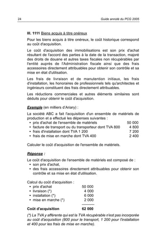 24                                                 Guide annoté du PCG 2005



     III. 1111 Biens acquis à titre onéreux
     Pour les biens acquis à titre onéreux, le coût historique correspond
     au coût d'acquisition.
     Le coût d'acquisition des immobilisations est son prix d'achat
     résultant de l'accord des parties à la date de la transaction, majoré
     des droits de douane et autres taxes fiscales non récupérables par
     l'entité auprès de l'Administration fiscale ainsi que des frais
     accessoires directement attribuables pour obtenir son contrôle et sa
     mise en état d'utilisation.
     Les frais de livraison et de manutention initiaux, les frais
     d'installation, les honoraires de professionnels tels qu'architectes et
     ingénieurs constituent des frais directement attribuables.
     Les réductions commerciales et autres éléments similaires sont
     déduits pour obtenir le coût d'acquisition.

     Exemple (en milliers d’Ariary) :
     La société ABC a fait l'acquisition d'un ensemble de matériels de
     production et a effectué les dépenses suivantes :
      • prix d'achat de l'ensemble de matériels               50 000
      • facture de transport ou du transporteur dont TVA 800    4 800
      • frais d'installation dont TVA 1 200                     7 200
      • frais de mise en marche dont TVA 400                    2 400

     Calculer le coût d'acquisition de l'ensemble de matériels.

     Réponse :
     Le coût d'acquisition de l'ensemble de matériels est composé de :
      • son prix d'achat,
      • des frais accessoires directement attribuables pour obtenir son
        contrôle et sa mise en état d'utilisation.

     Calcul du coût d'acquisition :
      • prix d'achat                    50 000
      • livraison (*)                    4 000
      • installation (*)                 6 000
      • mise en marche (*)               2 000
                                        ______
     Coût d'acquisition                 62 000
     (*) La TVA y afférente qui est la TVA récupérable n'est pas incorporée
     au coût d'acquisition (800 pour le transport, 1 200 pour l'installation
     et 400 pour les frais de mise en marche).
 