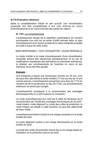 Cadre conceptuel, états financiers, règles de comptabilisation et d’évaluation   27



III.112 Evaluation ultérieure
Après la comptabilisation initiale en tant qu'actif, une immobilisation
corporelle doit être comptabilisée à son coût diminué du cumul
d'amortissements et du cumul éventuel des pertes de valeurs.

      III. 1121 Les amortissements
      L'amortissement résulte de la répartition systématique du montant
      amortissable d'un actif sur sa durée d'utilité estimée selon un plan
      d'amortissement et en tenant compte de la valeur résiduelle probable
      de l'actif à l'issue de cette durée.

      BASE AMORTISSABLE = COUT D'ACQUISITION - VALEUR RESIDUELLE

      La durée d'utilité et le mode d'amortissement d'une immobilisation
      corporelle doivent être réexaminés périodiquement, et en cas de
      modifications importantes des estimations ou prévisions antérieures,
      la dotation aux amortissements de l'exercice en cours et des
      exercices futurs doit être ajustée.

      Exemple :
      Une entreprise a acquis une construction amortie sur 20 ans. Cinq
      ans plus tard, elle estime la durée d'utilité à 17 ans (au lieu de 15 ans
      comme prévue). L'amortissement annuel futur sera donc de 1/17è du
      montant net de la construction au lieu de 1/15è. Les amortissements
      antérieurs ne seront pas corrigés.

      L'amortissement correspond à la consommation des avantages
      économiques liés à un actif corporel ou incorporel.

      Le mode d'amortissement d'un actif est le reflet de l'évolution de la
      consommation par l'entité des avantages économiques de cet actif :
      mode linéaire, mode dégressif ou mode des unités de production, le
      mode linéaire est adopté si cette évolution ne peut être déterminée
      de façon fiable.

      L'amortissement linéaire conduit à une charge constante sur la durée
      d'utilité de l'actif.

      Le mode dégressif conduit à une charge décroissante sur la durée
      d'utilité de l'actif.

      Le mode des unités de production donne lieu à une charge basée sur
      l'utilisation ou la production prévue de l'actif.
 