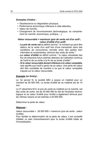 30                                                  Guide annoté du PCG 2005



     Exemples d'indice :
      •   Obsolescence ou dégradation physique,
      •   Performance économique inférieure à celle attendue,
      •   Valeur de marché,
      •   Changement de l'environnement (technologique, du comporte-
          ment du marché, économique, juridique,…).

      Valeur recouvrable = maximum (prix de vente net d'un actif ;
                               valeur d'utilité d'un actif)
       - Le prix de vente net se définit comme " le montant qui peut être
         obtenu de la vente d'un actif lors d'une transaction dans des
         conditions de concurrence normale entre des parties bien
         informées et consentantes, diminué des coûts de sortie ".
       - La valeur d'utilité se définit comme " la valeur actualisée des
         flux de trésorerie futurs estimés attendus de l'utilisation continue
         de l'actif et de sa sortie à la fin de sa durée d'utilité ".
       - Si la valeur recouvrable devient inférieure à la valeur comptable,
         cela signifie que l'actif a perdu de sa valeur. Une perte de valeur
         doit être constatée de manière à ce que la valeur comptable
         s'ajuste sur la valeur recouvrable.

     Exemple (en Ariary) :
     Le 1er janvier N, la société ABC a acquis un matériel pour un
     montant de 50 000 000. La durée d'utilité de ce matériel est de 10
     ans.
     Le 31 décembre N+2, le prix de vente du matériel sur le marché, net
     des coûts de sortie, est de 20 000 000 du fait de l'évolution techno-
     logique et sa valeur d'utilité pour l'entité a également diminué pour
     les mêmes raisons et est estimée à 28 000 000.

     Déterminer la perte de valeur.

     Réponse :
     Valeur recouvrable = 28 000 000 = maximum (prix de vente ; valeur
     d'utilité)
     Pour faciliter la détermination de la perte de valeur, il est conseillé
     d'établir un plan d'amortissement pour la durée d'utilité totale de
     l'immobilisation.
 