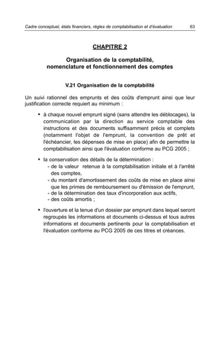 Cadre conceptuel, états financiers, règles de comptabilisation et d’évaluation   63



                                   CHAPITRE 2

                Organisation de la comptabilité,
           nomenclature et fonctionnement des comptes


                     V.21 Organisation de la comptabilité

Un suivi rationnel des emprunts et des coûts d'emprunt ainsi que leur
justification correcte requiert au minimum :

      • à chaque nouvel emprunt signé (sans attendre les déblocages), la
         communication par la direction au service comptable des
         instructions et des documents suffisamment précis et complets
         (notamment l'objet de l'emprunt, la convention de prêt et
         l'échéancier, les dépenses de mise en place) afin de permettre la
         comptabilisation ainsi que l'évaluation conforme au PCG 2005 ;

      • la conservation des détails de la détermination :
            - de la valeur retenue à la comptabilisation initiale et à l'arrêté
              des comptes,
            - du montant d'amortissement des coûts de mise en place ainsi
              que les primes de remboursement ou d'émission de l'emprunt,
            - de la détermination des taux d'incorporation aux actifs,
            - des coûts amortis ;

      • l'ouverture et la tenue d'un dossier par emprunt dans lequel seront
         regroupés les informations et documents ci-dessus et tous autres
         informations et documents pertinents pour la comptabilisation et
         l'évaluation conforme au PCG 2005 de ces titres et créances.
 