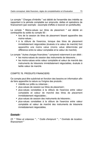 Cadre conceptuel, états financiers, règles de comptabilisation et d’évaluation   73



Le compte " Charges d'intérêts " est débité de l'ensemble des intérêts se
rapportant à la période comptable sur emprunts, dettes et opérations de
financement (par exemple : escompte d'effets à recevoir en portefeuille).

Le compte " Moins-values sur titres de placement " est débité en
contrepartie du solde du compte 50 :
      • lors de la cession de titres de placement faisant apparaître des
        moins-values ;
      • à la clôture de l'exercice, lorsque des titres de placement
        immédiatement négociables (évalués à la valeur de marché) font
        apparaître une moins value (moins value déterminée par
        différence entre la valeur comptable et la valeur de marché).

Le compte " Autres charges financières " comprend notamment à son débit :
     • les moins-values de cession des instruments de trésorerie ;
     • les moins-values entre valeur comptable et valeur de marché des
       instruments de trésorerie immédiatement négociables, évalués à
       ladite valeur de marché.


COMPTE 76. PRODUITS FINANCIERS

Ce compte peut être subdivisé en fonction des besoins en information afin
de faire apparaître la nature ou l'origine des produits :
      • intérêts sur prêts ou créances ;
      • plus-values de cession sur titres de placement ;
      • plus-values constatées à la clôture de l'exercice entre valeur
         comptable et valeur de marché des titres de placement
         immédiatement négociables ;
      • plus-values de cession des instruments de trésorerie ;
      • plus-values constatées à la clôture de l'exercice entre valeur
         comptable et valeur de marché des instruments de trésorerie
         immédiatement négociables.


Exemple :

Cf. " Titres et créances " ; " Coûts d'emprunt " ; " Contrats de location-
financement "
 